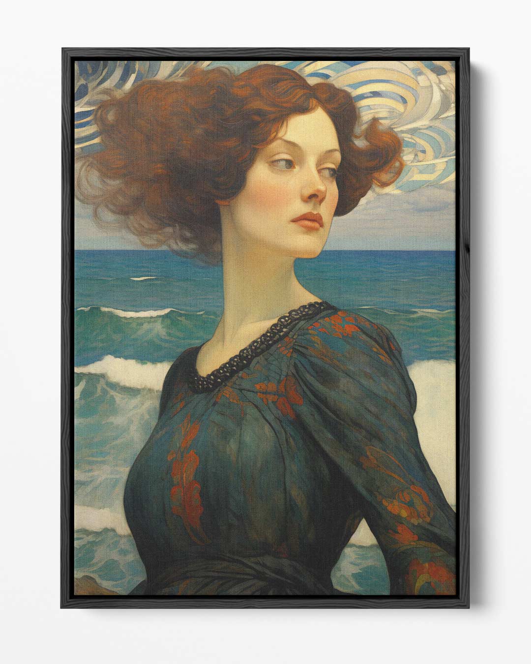Dromerige dame aan zee Kunstwerk-canvas-dibond-plexiglas-wanddecoratie-WallArtistic