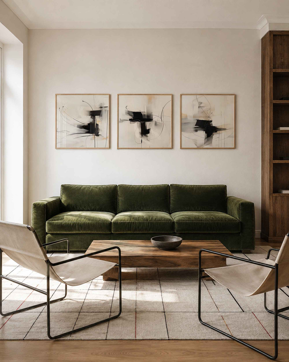Interieurpresentatie van een driedelige vierkante posterset met abstracte zwart beige