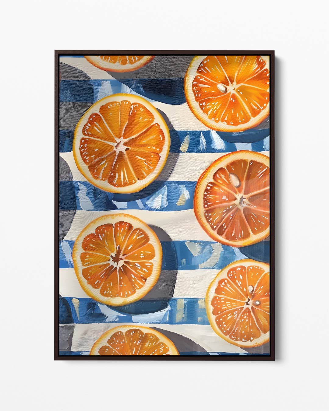 Sinaasappels op een Blauwe Strepen Achtergrond Kunstwerk-canvas-dibond-plexiglas-wanddecoratie-WallArtistic