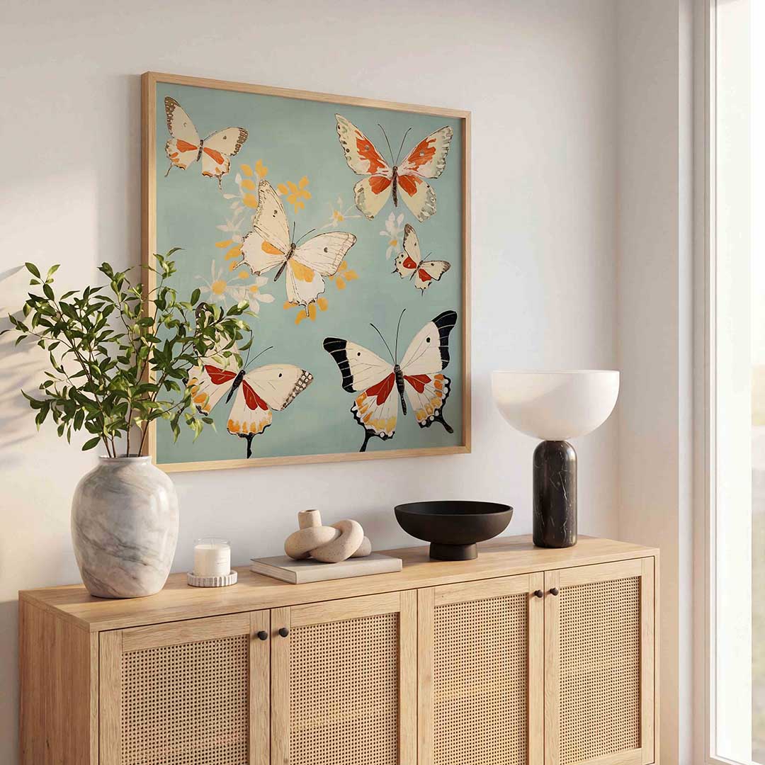 Vlinders op blauwe achtergrond Poster