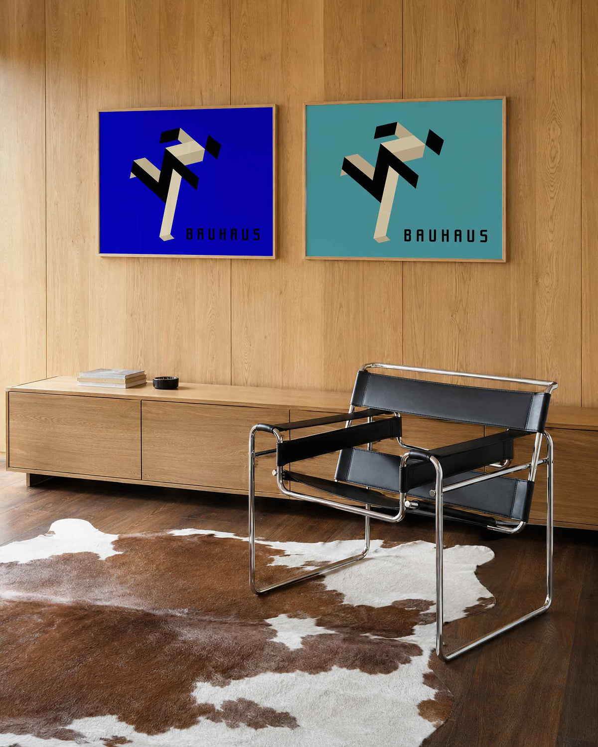 Interieurmockup van tweedelige landscape-posterset met zigzagfiguur op kleurvlakken