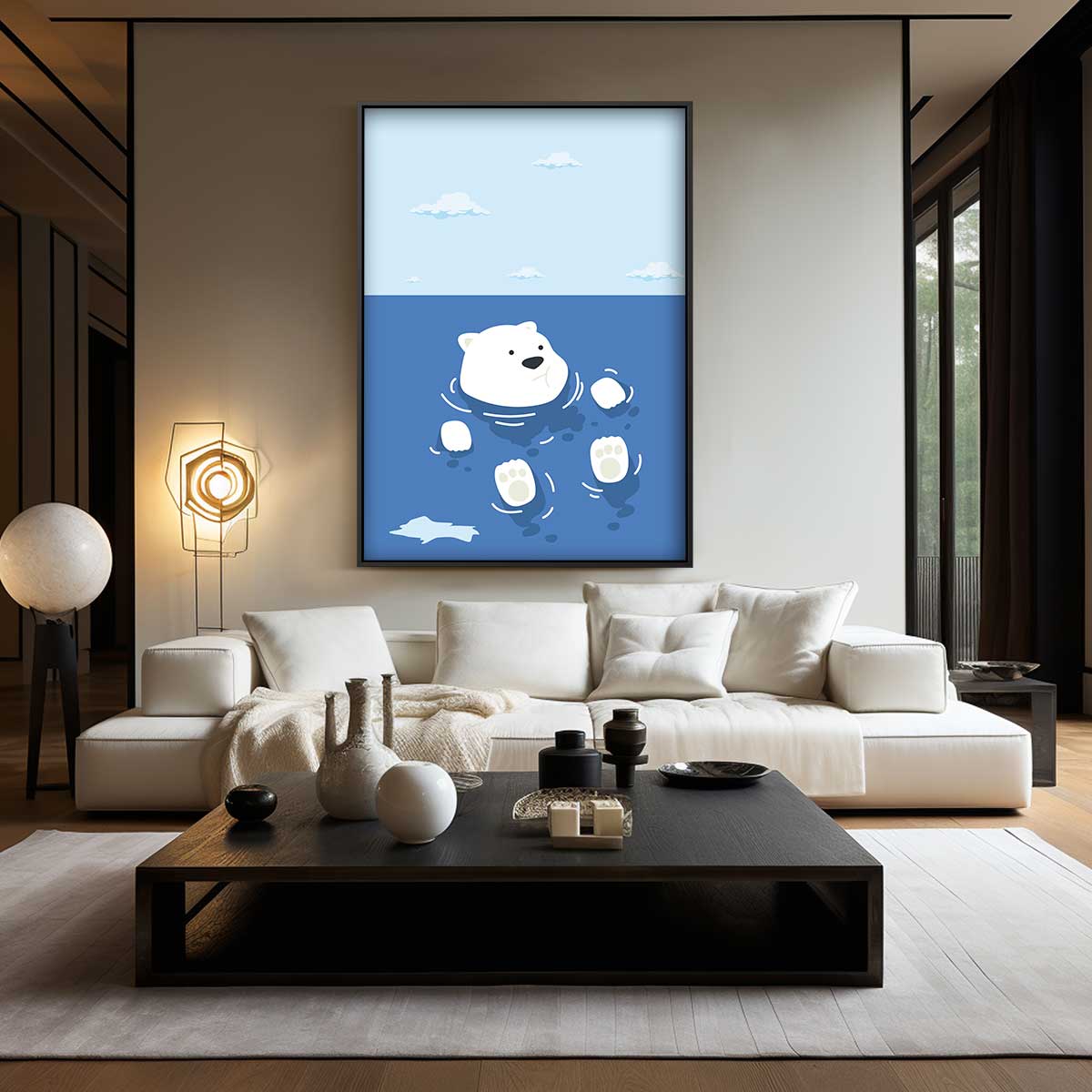 Dobberende IJsbeer in Blauwe Zee Kunstwerk-canvas-dibond-plexiglas-wanddecoratie-WallArtistic