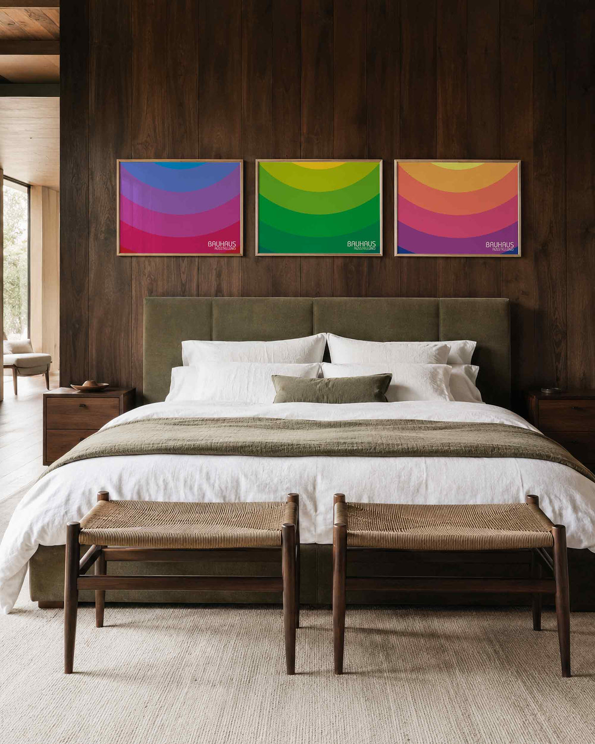 Interieurmockup van drieluik landscape-posterset met kleurbogen in lagen