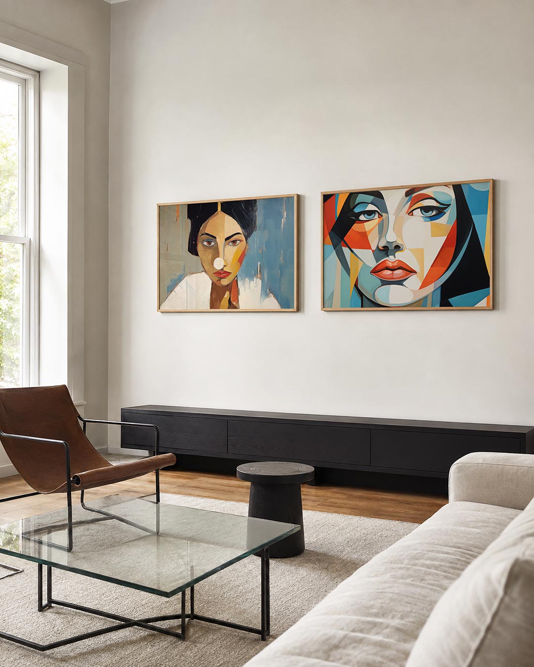 Twee liggende posters met een portret met gedurfde kleurvlakken en expressieve lijnen, aan de muur in een interieur
