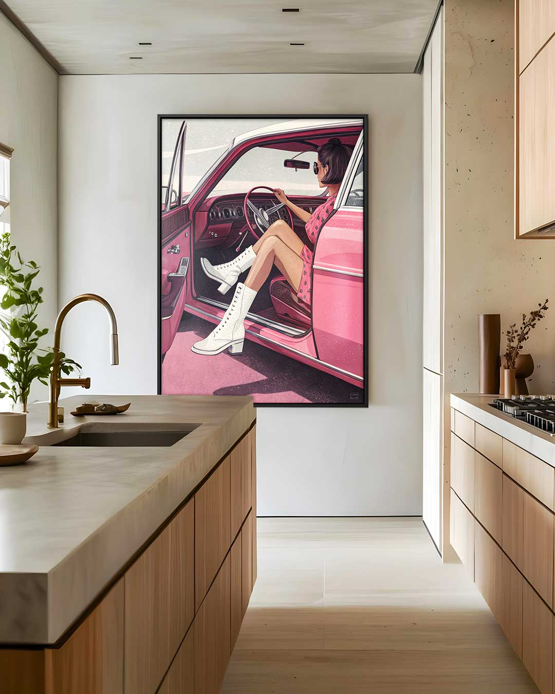 Vintage Glamor in de Roze Oldtimer Kunstwerk-canvas-dibond-plexiglas-wanddecoratie-WallArtistic