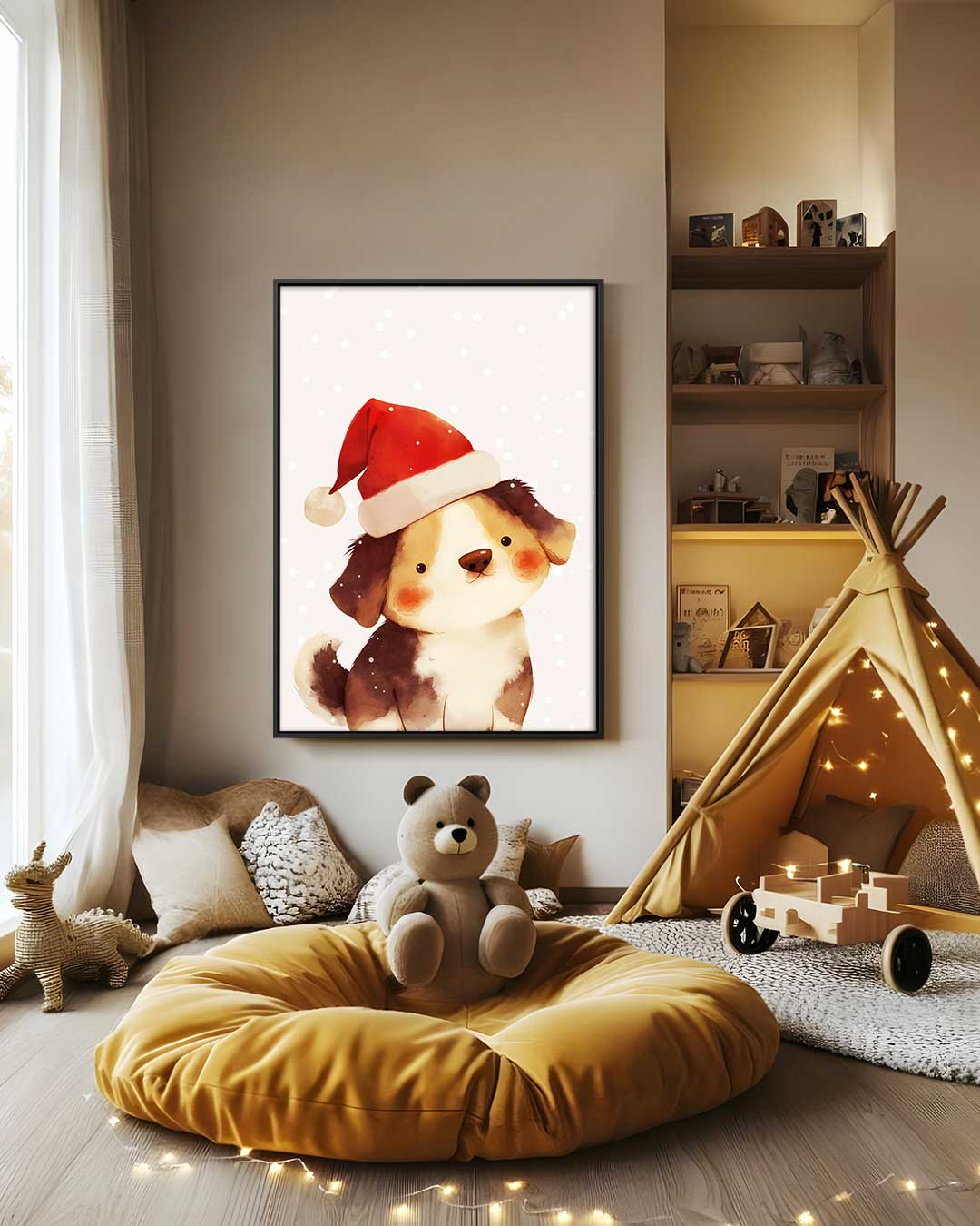 Schattige Kerst Puppy Illustratie Kunstwerk-canvas-dibond-plexiglas-wanddecoratie-WallArtistic