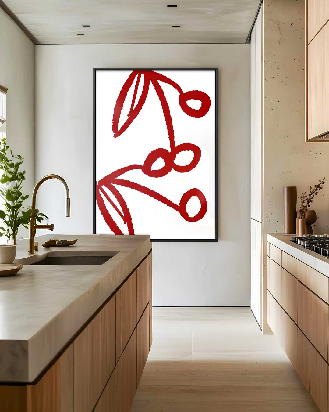Speelse Kersenlijntekening Kunstwerk-canvas-dibond-plexiglas-wanddecoratie-WallArtistic