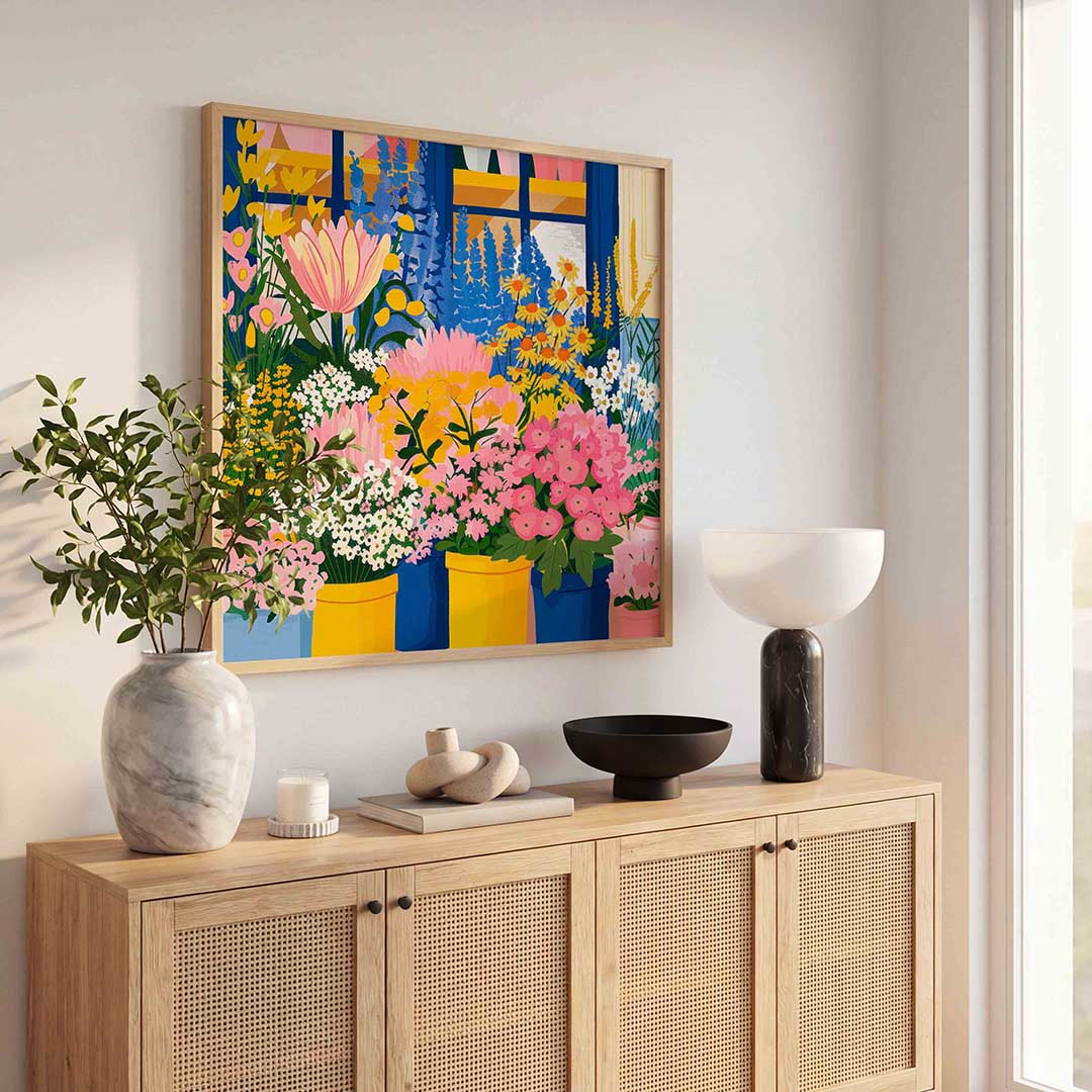 Bloemenzee voor raam Poster