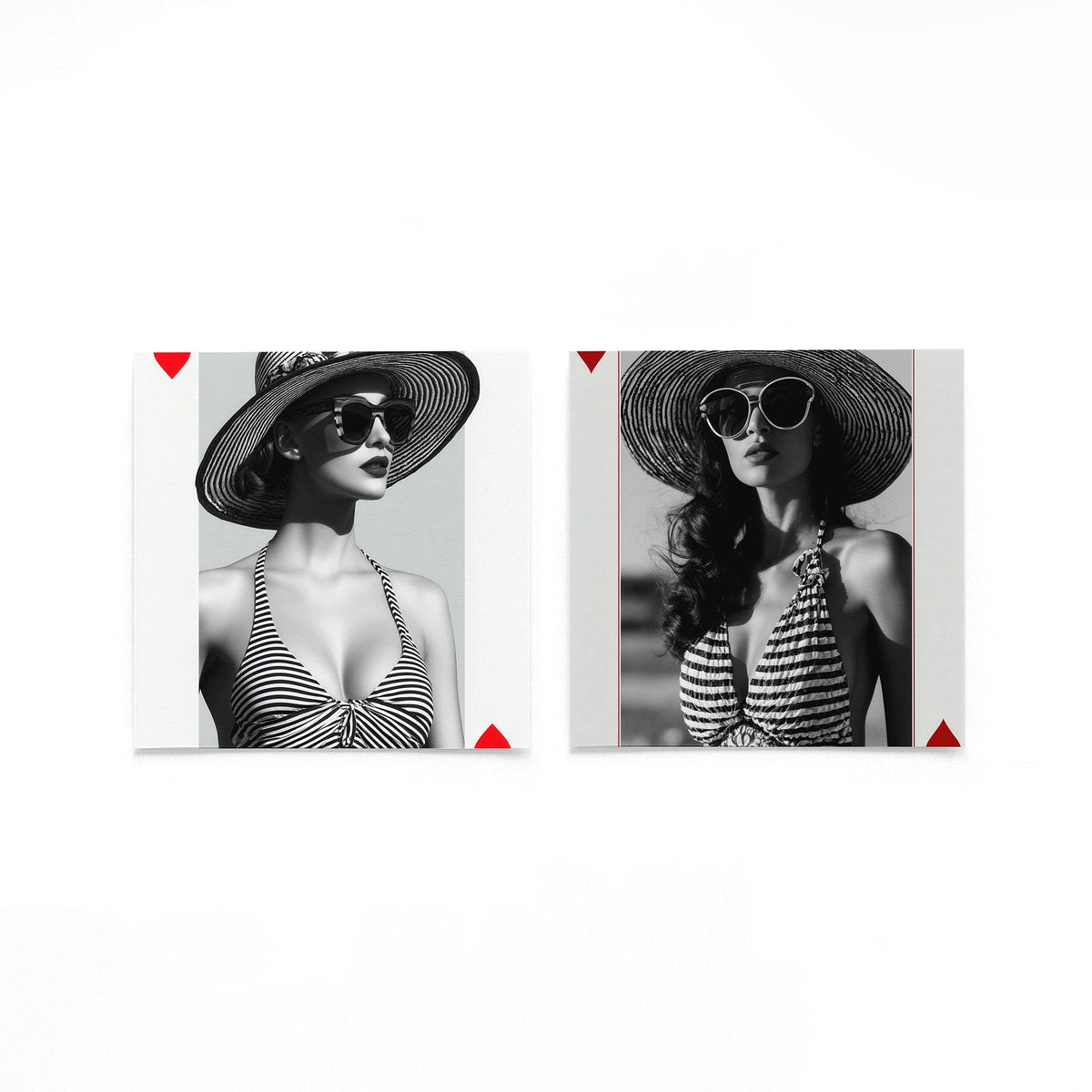 Twee vierkante posters met zomermode dames op een gebroken witte achtergrond