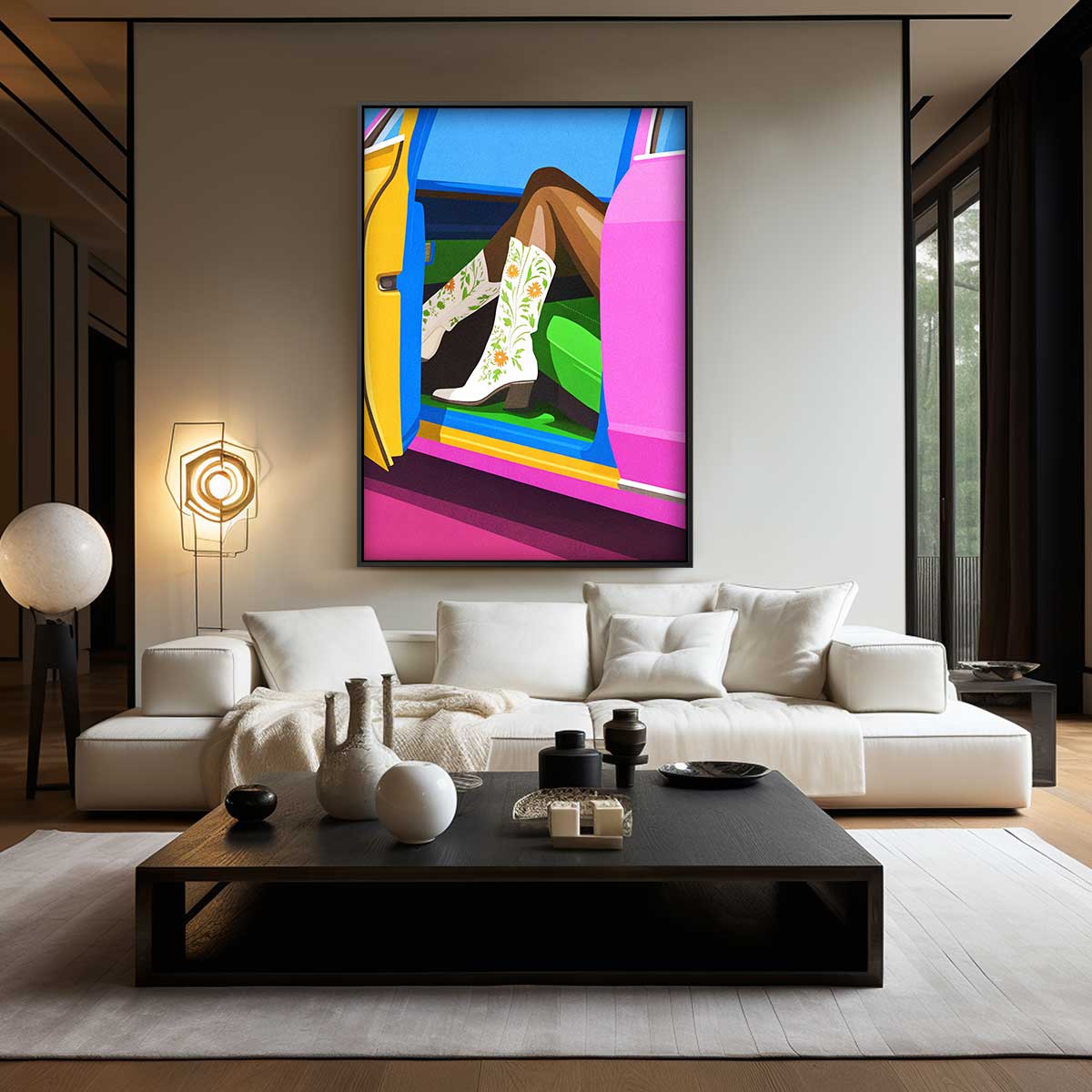 Vrolijke Coole Auto Scene Kunstwerk-canvas-dibond-plexiglas-wanddecoratie-WallArtistic