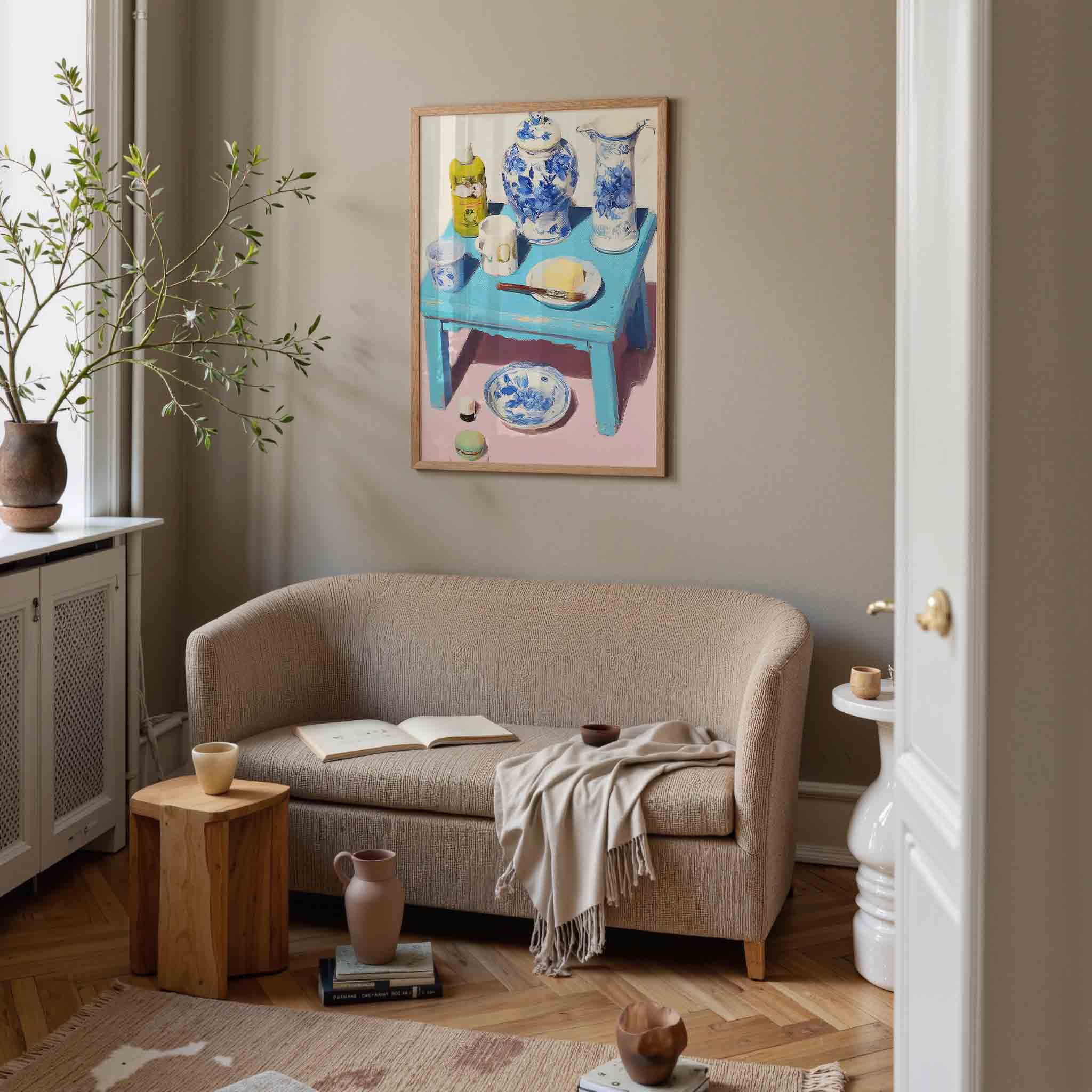 Blauw witte servies op blauwe tafel Poster