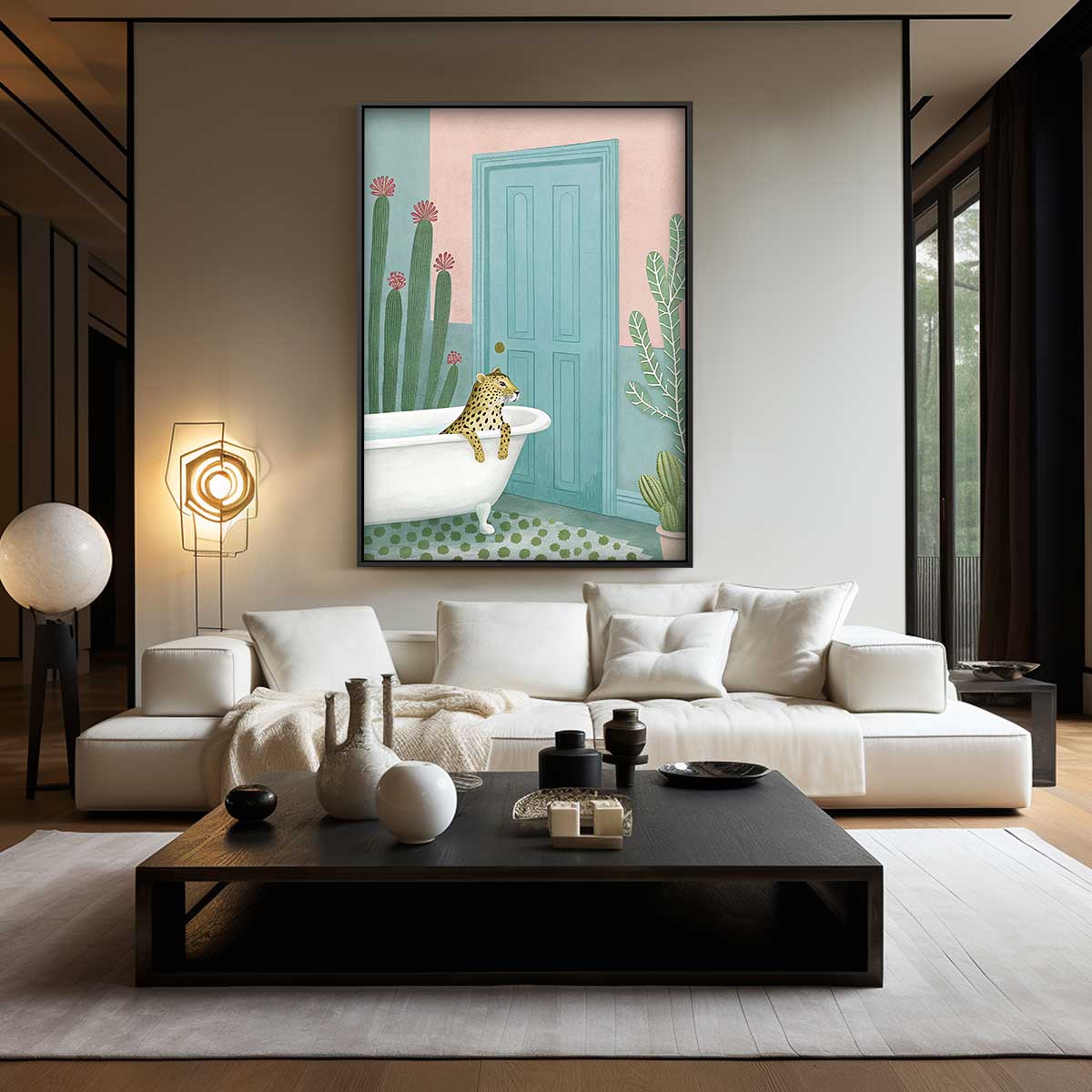Luierende Luipaard in Bad Kunstwerk-canvas-dibond-plexiglas-wanddecoratie-WallArtistic