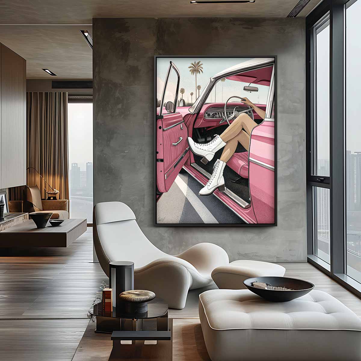 Zonnige Dag in de Retro Cabrio Kunstwerk-canvas-dibond-plexiglas-wanddecoratie-WallArtistic