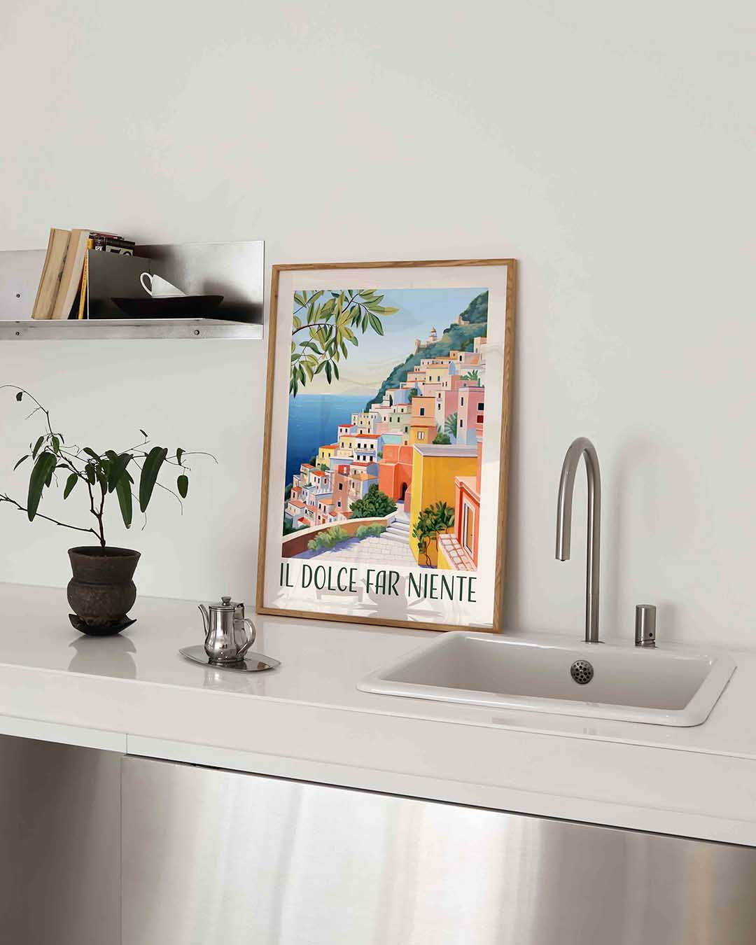 Gekleurde huizen aan zee Poster
