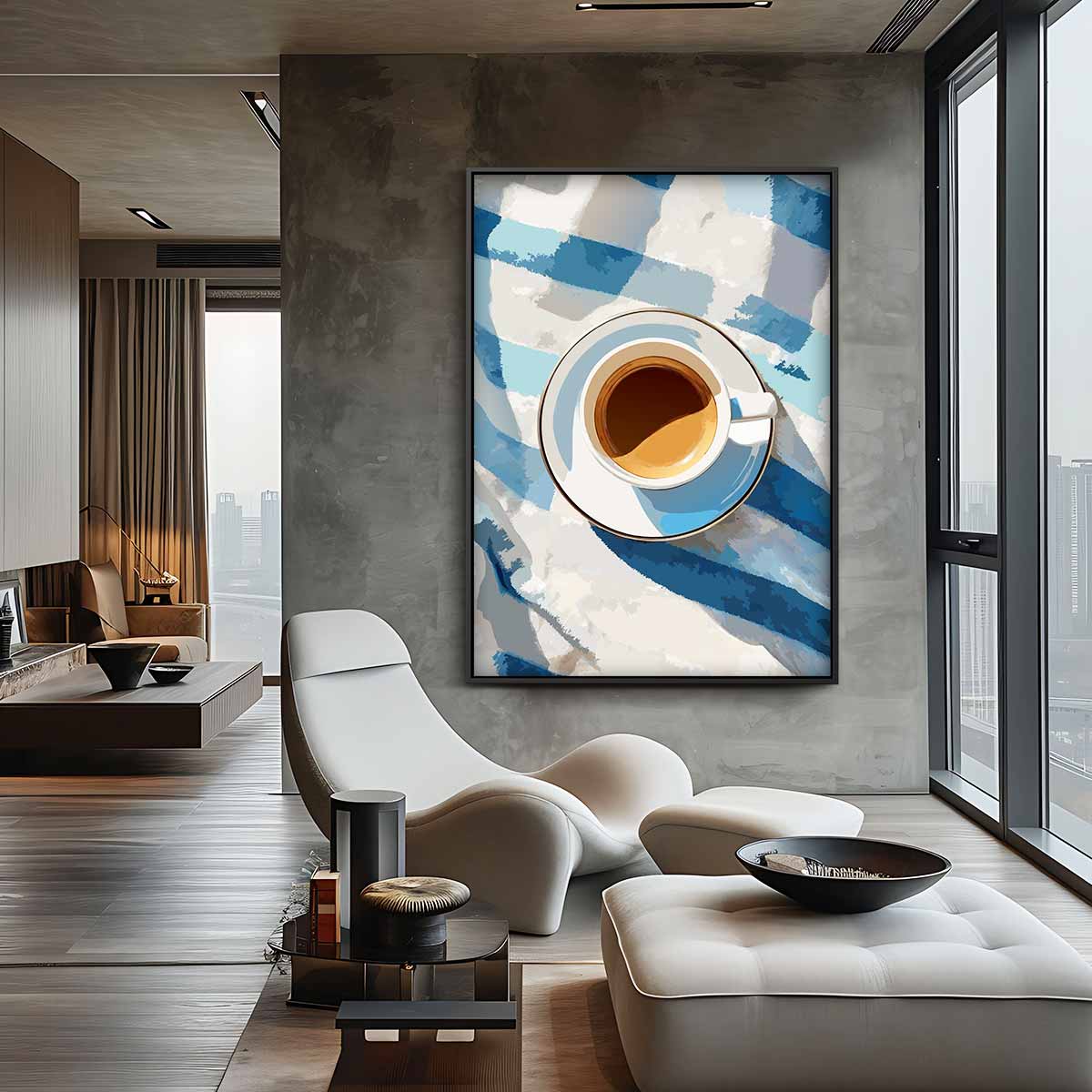 Koffiepauze op Blauwe Tafelloper Kunstwerk-canvas-dibond-plexiglas-wanddecoratie-WallArtistic