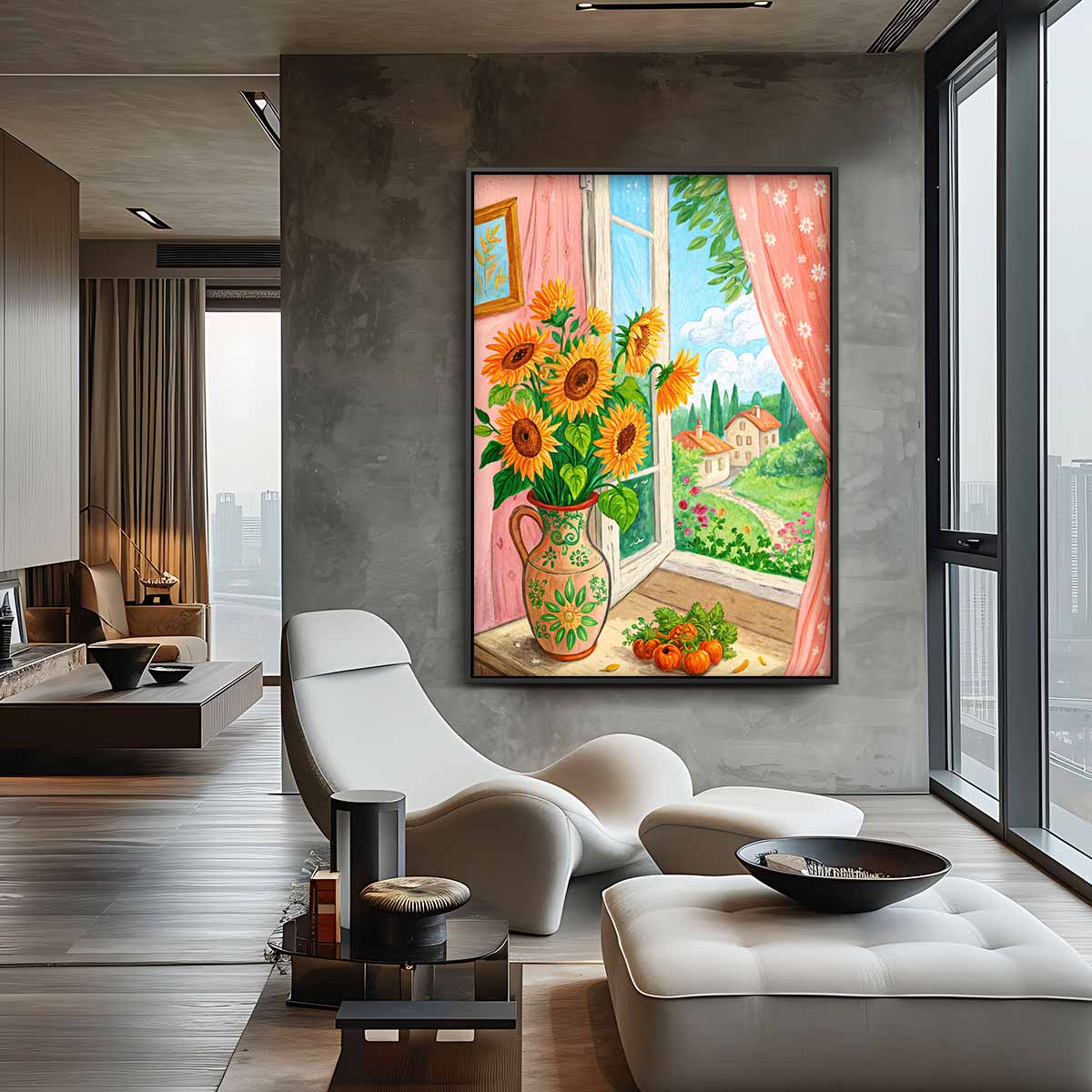Zonnige Zonnebloemen aan het Raam Kunstwerk-canvas-dibond-plexiglas-wanddecoratie-WallArtistic