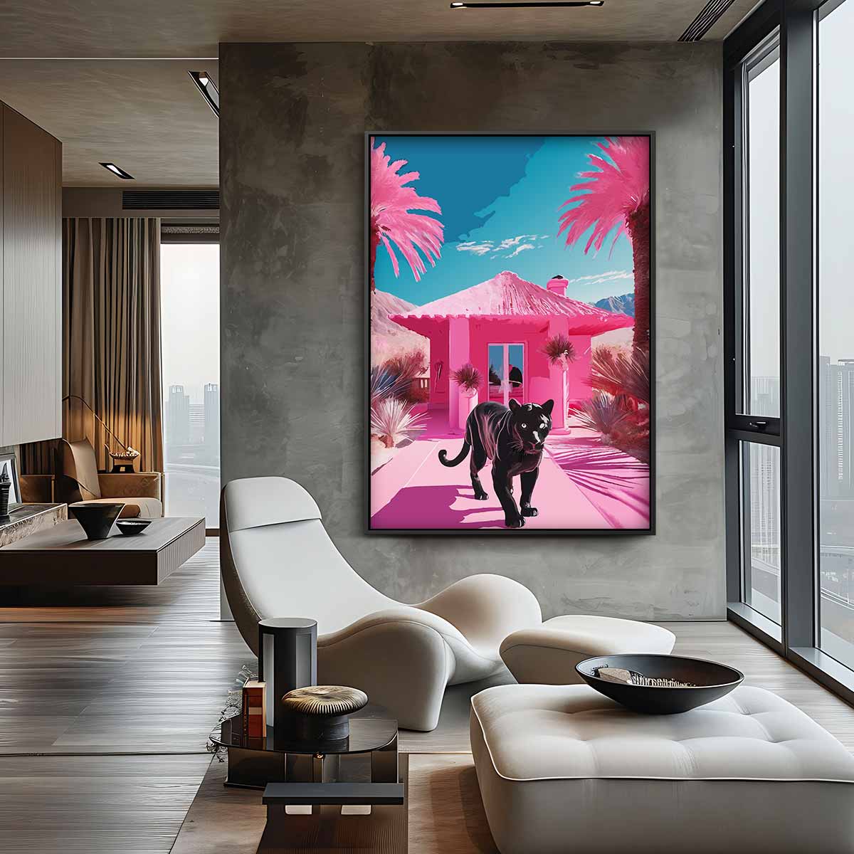 Panther in een Roze Paradijs Kunstwerk-canvas-dibond-plexiglas-wanddecoratie-WallArtistic