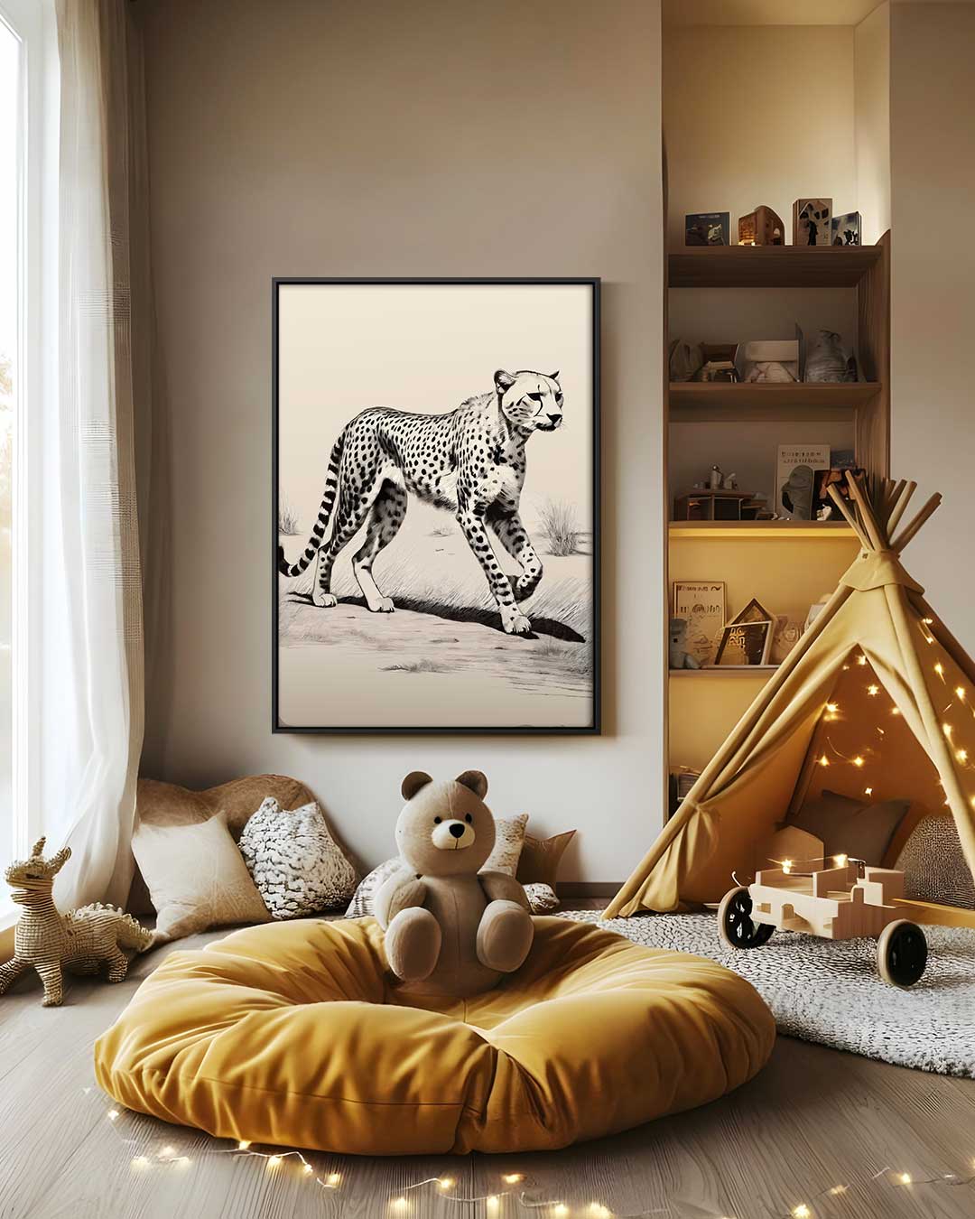 Majestueuze Cheetah op Savanne Kunstwerk-canvas-dibond-plexiglas-wanddecoratie-WallArtistic
