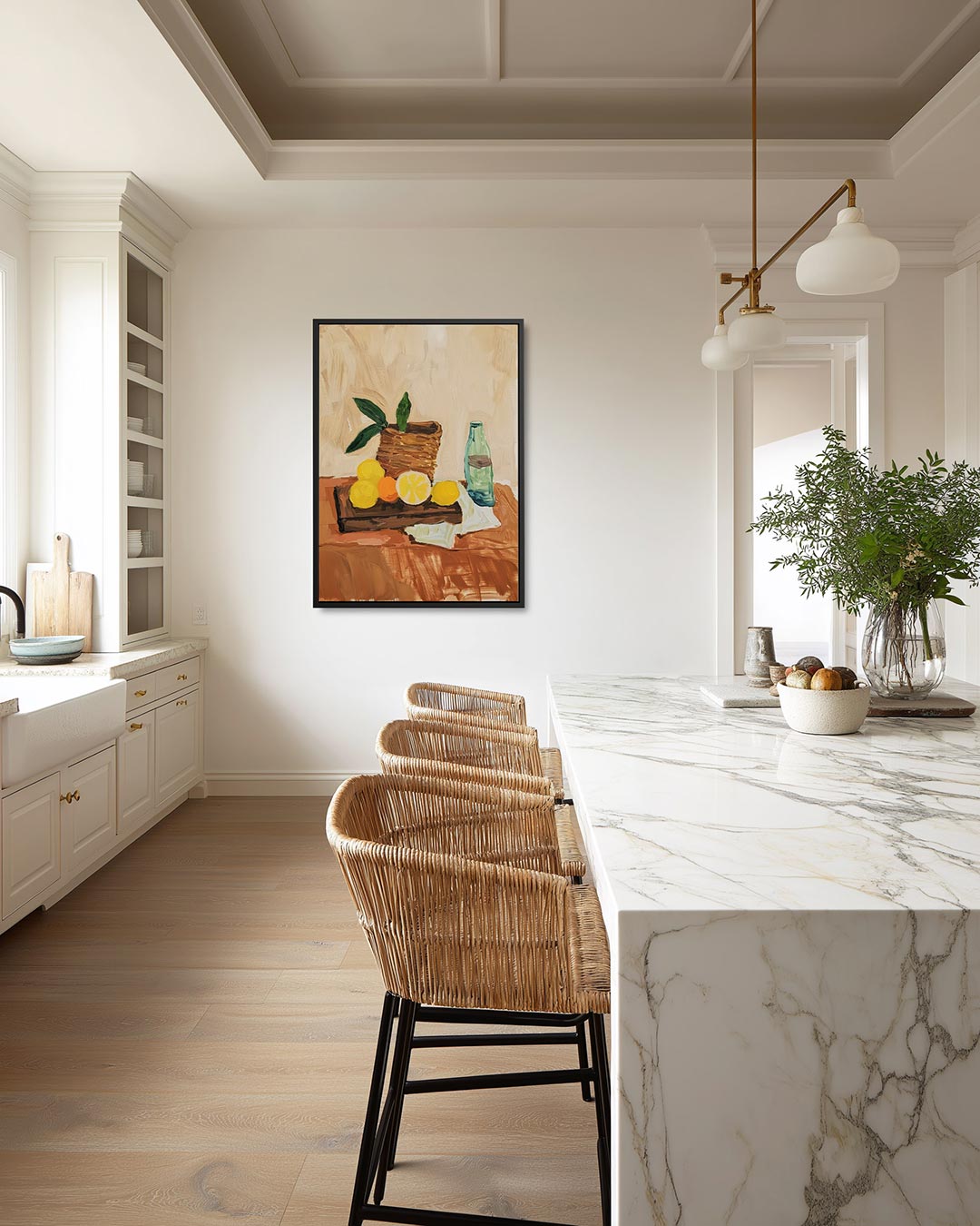 Fruit en fles compositie Kunstwerk