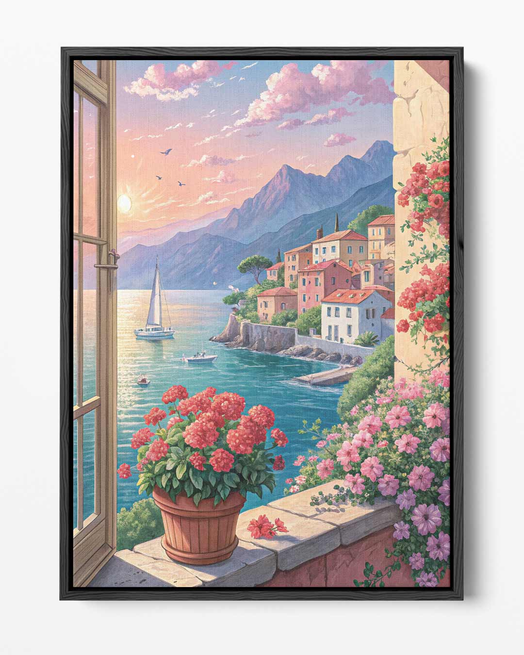 Mediterraans Uitzicht bij Zonsondergang Kunstwerk-canvas-dibond-plexiglas-wanddecoratie-WallArtistic