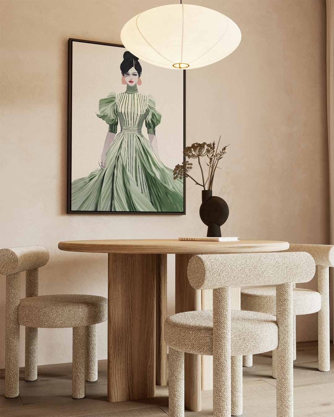 Elegante Mode Illustratie van Vrouw in Groene Jurk Kunstwerk-canvas-dibond-plexiglas-wanddecoratie-WallArtistic