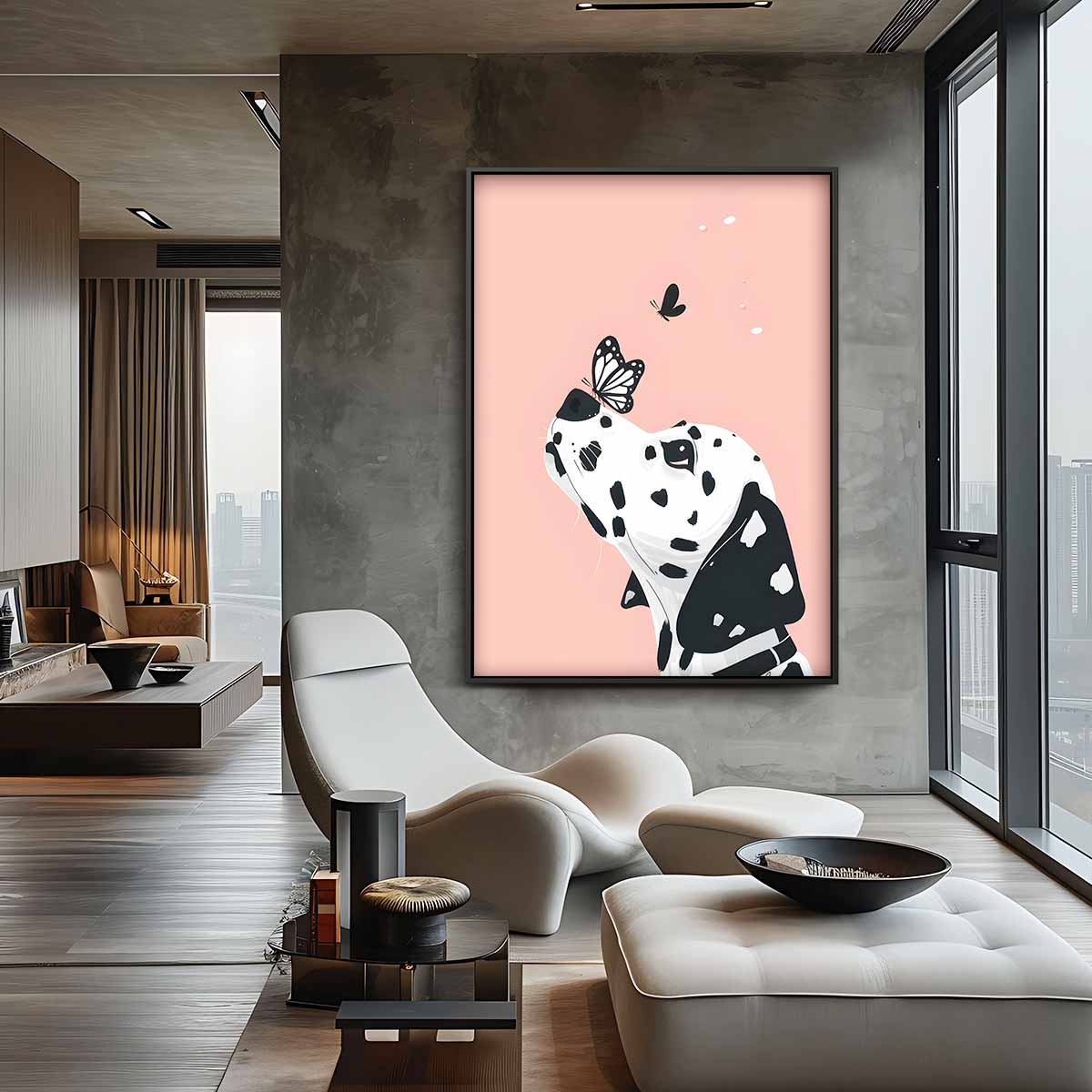 Dalmatier en Vlinder op Zachtroze Kunstwerk-canvas-dibond-plexiglas-wanddecoratie-WallArtistic