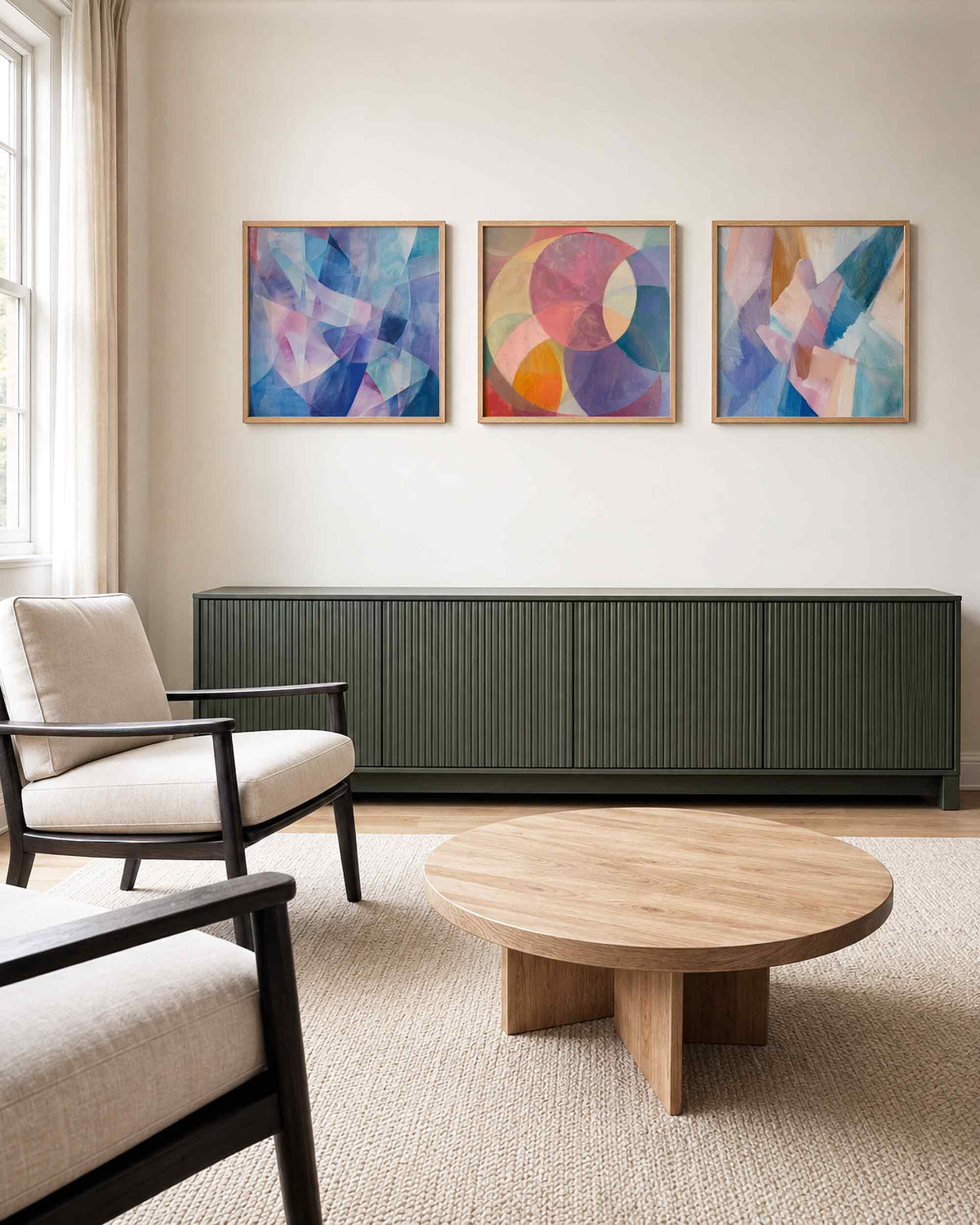 Interieurpresentatie van een driedelige vierkante posterset met pastelkleurige abstracte