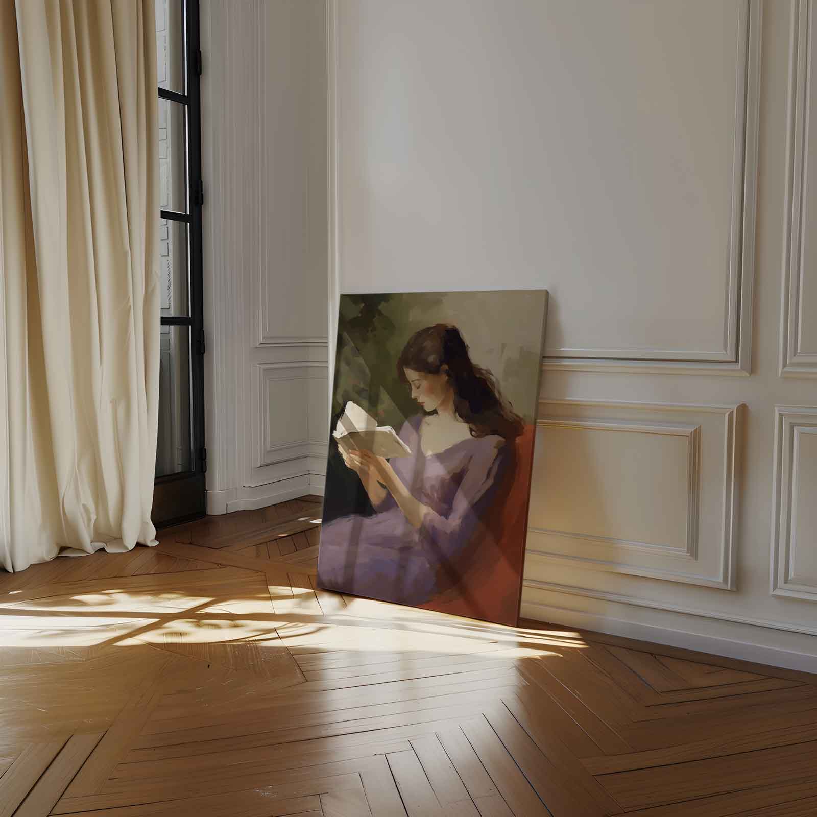Lezende Vrouw in Rust Kunstwerk-canvas-dibond-plexiglas-wanddecoratie-WallArtistic