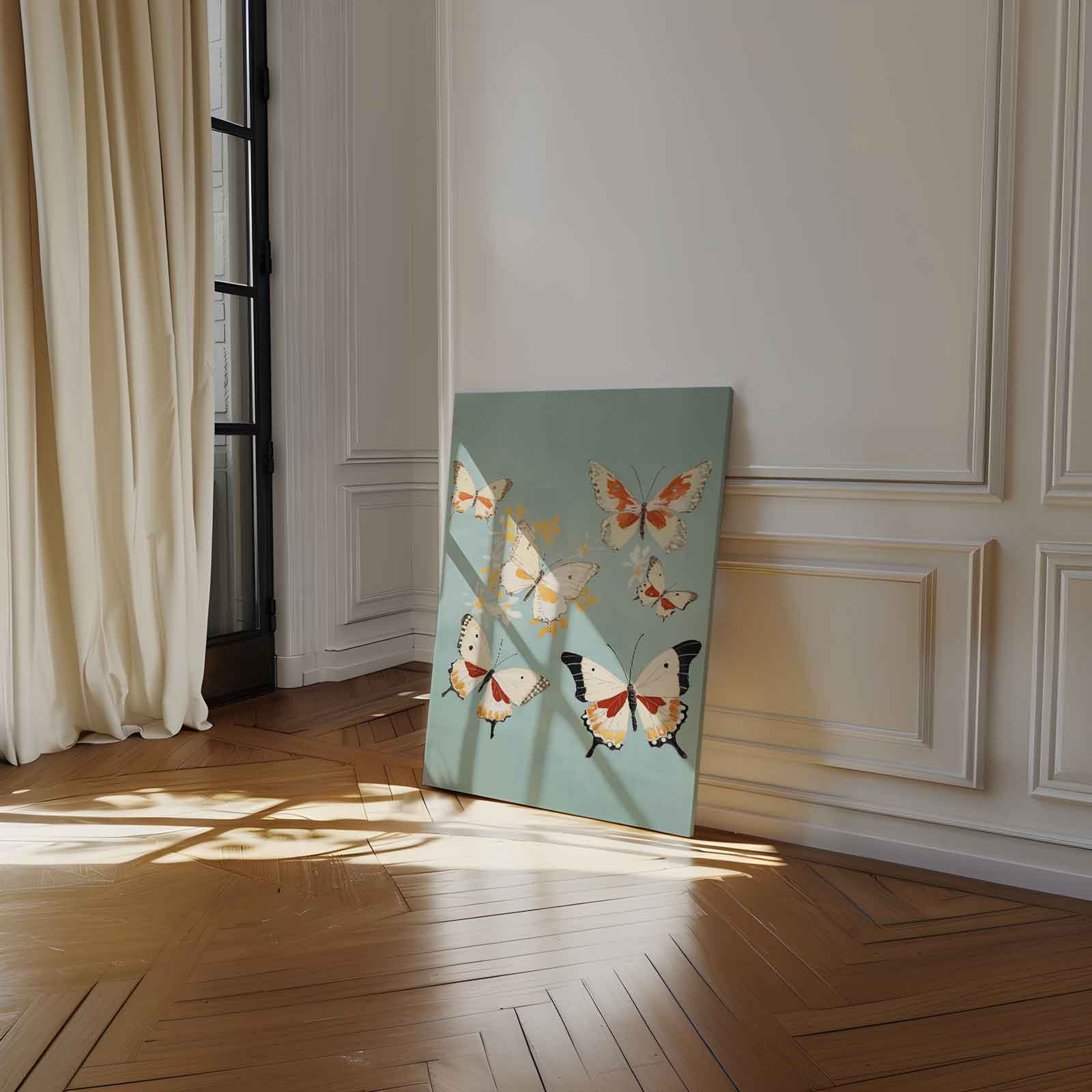 Vliegende Vlinders op Hemelsblauw Kunstwerk-canvas-dibond-plexiglas-wanddecoratie-WallArtistic