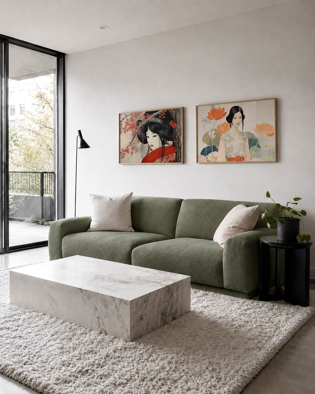 Twee liggende posters met rode bloesems en een portret met zachte lijnen, aan de muur in een interieur