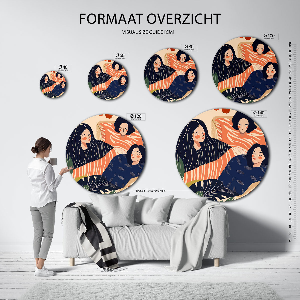 Drie figuren met bladeren Muurcirkel