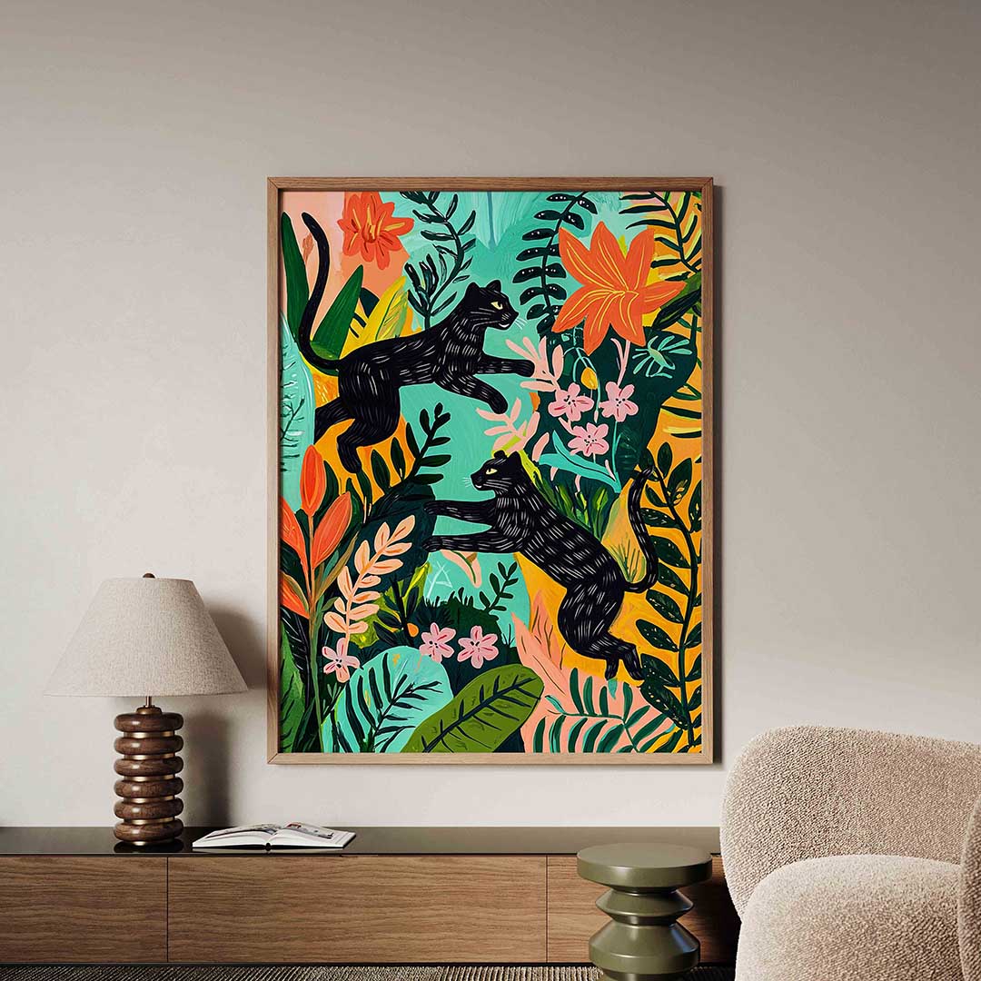 Zwarte panters en bloemen Poster