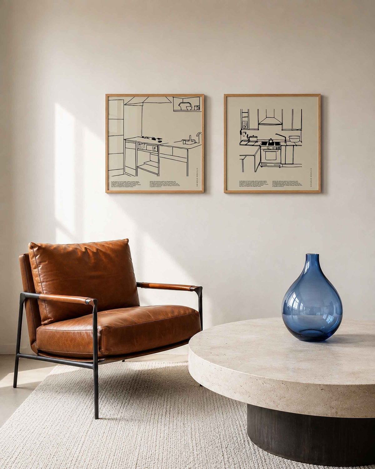 Interieurpresentatie van een tweedelige vierkante posterset met keukenillustraties