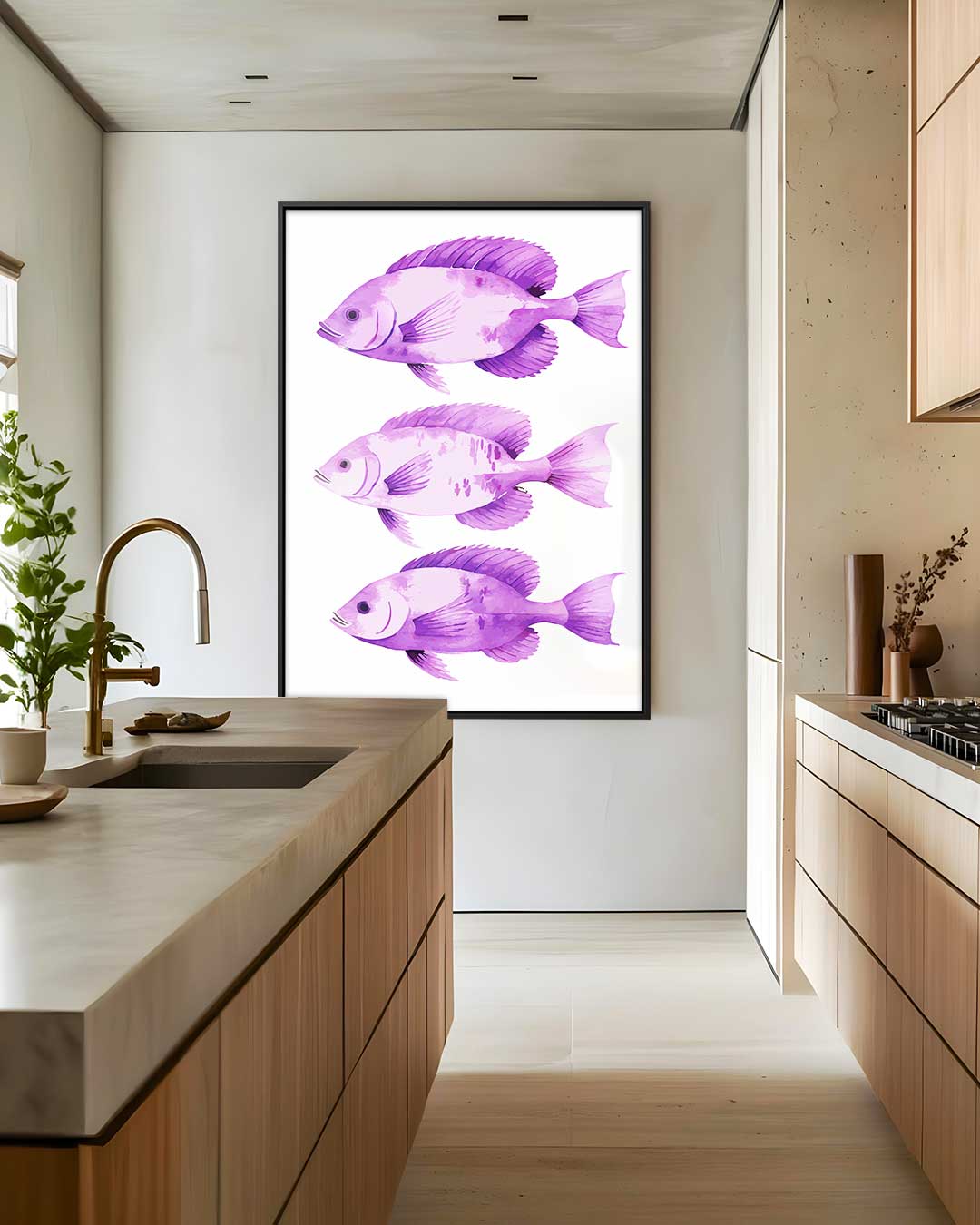 Paarse Vis Trio Kunstwerk-canvas-dibond-plexiglas-wanddecoratie-WallArtistic