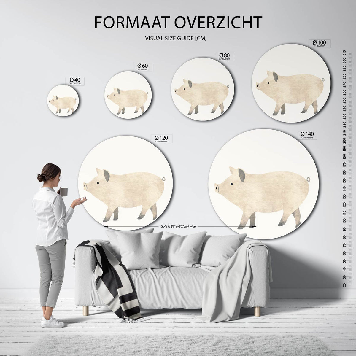 Varken Muurcirkel – extra productweergave – Een varken in zachte beige tinten met grijze accenten.