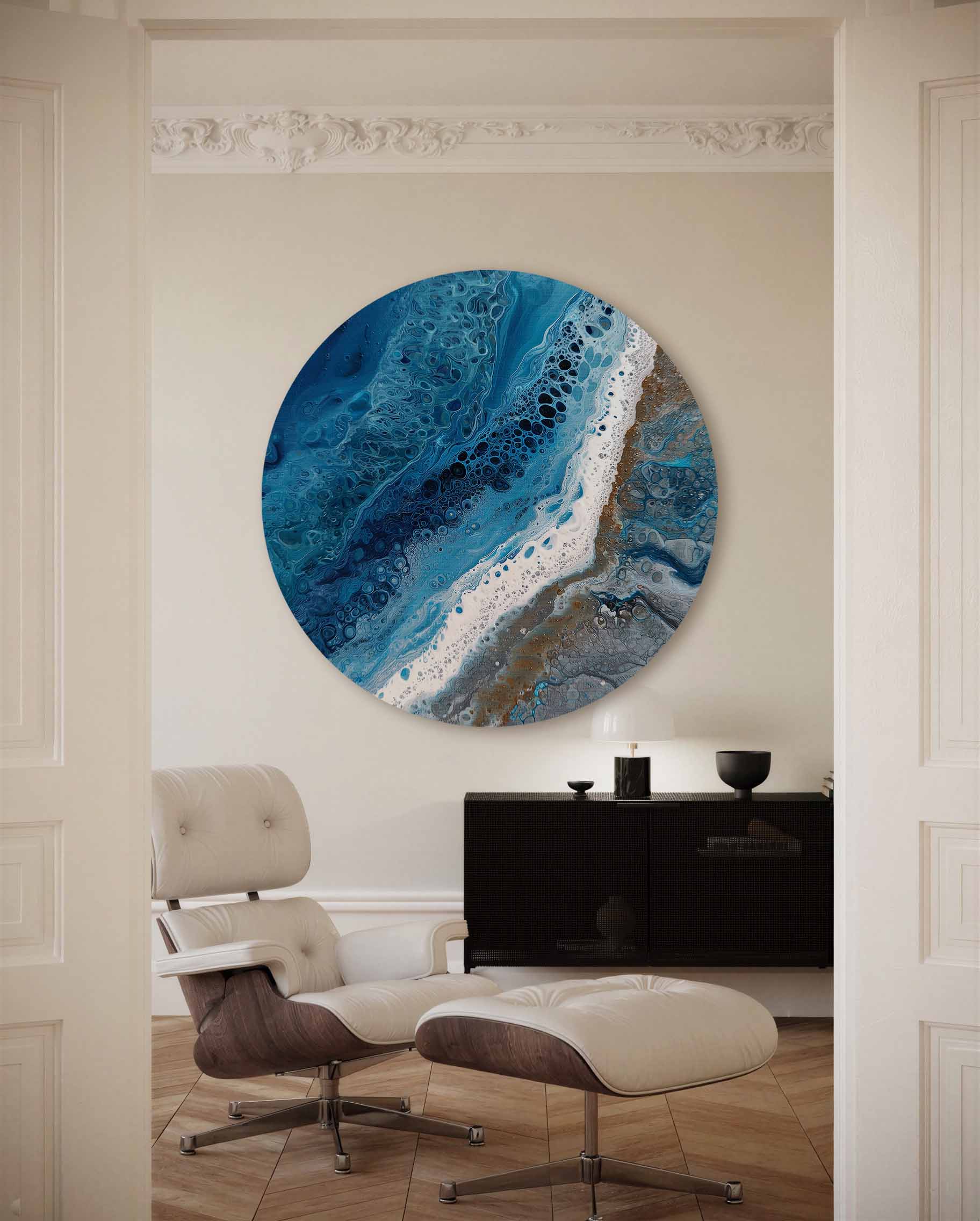 Blauwe en witte golvende Muurcirkel