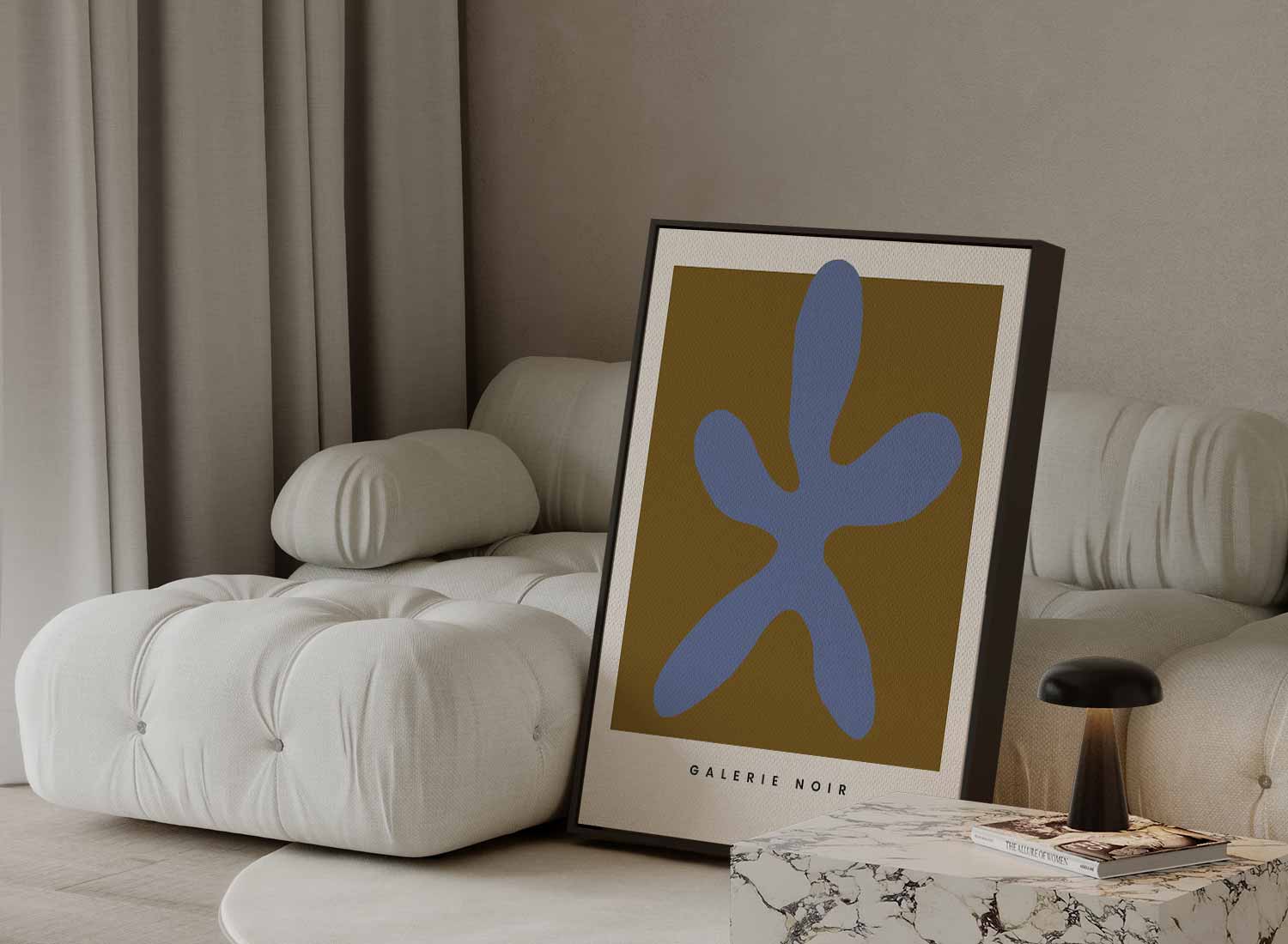 Blauwe Abstracte Vormen op Oker Kunstwerk-canvas-dibond-plexiglas-wanddecoratie-WallArtistic