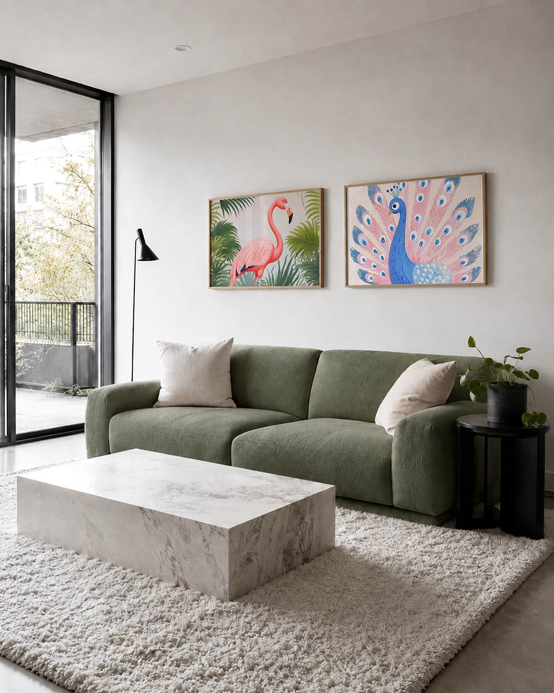 Twee liggende posters met een roze flamingo omringd door groene palmbladeren, aan de muur in een interieur