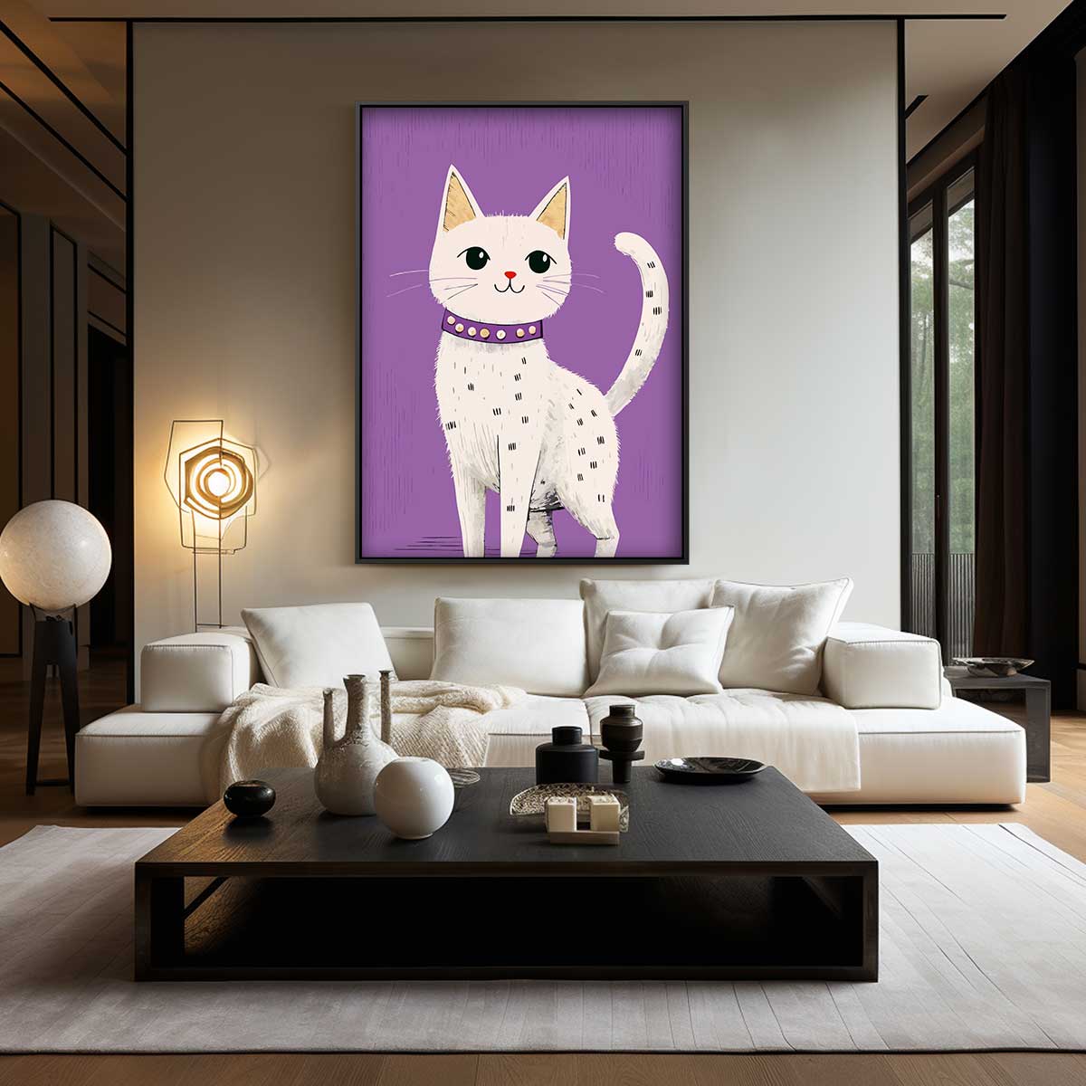 Kat op Paarse Achtergrond Kunstwerk-canvas-dibond-plexiglas-wanddecoratie-WallArtistic
