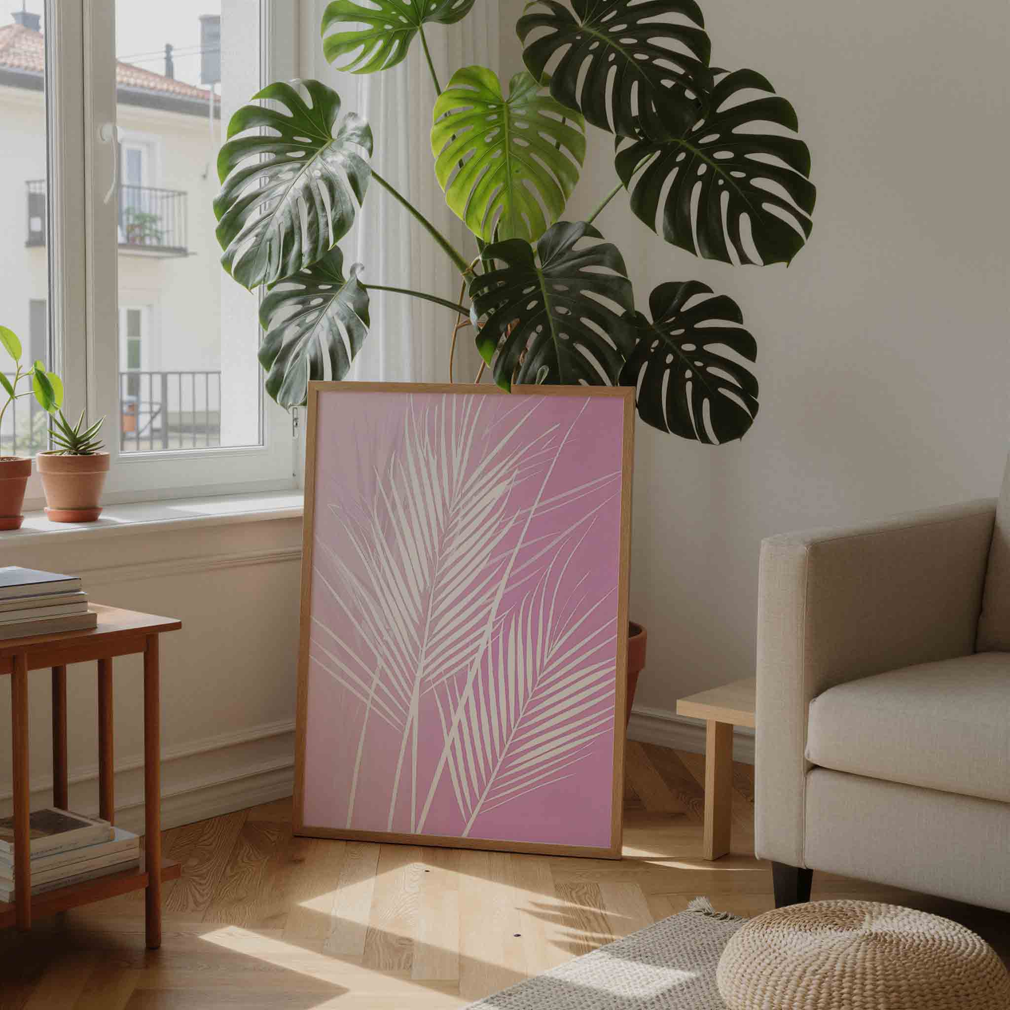 Witte bladeren op roze Poster
