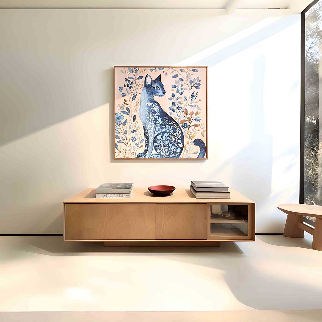 Blauwe kat met bloemen Poster