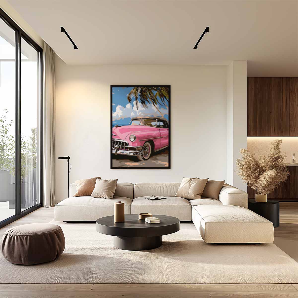 Roze Oldtimer aan het Strand Kunstwerk-canvas-dibond-plexiglas-wanddecoratie-WallArtistic
