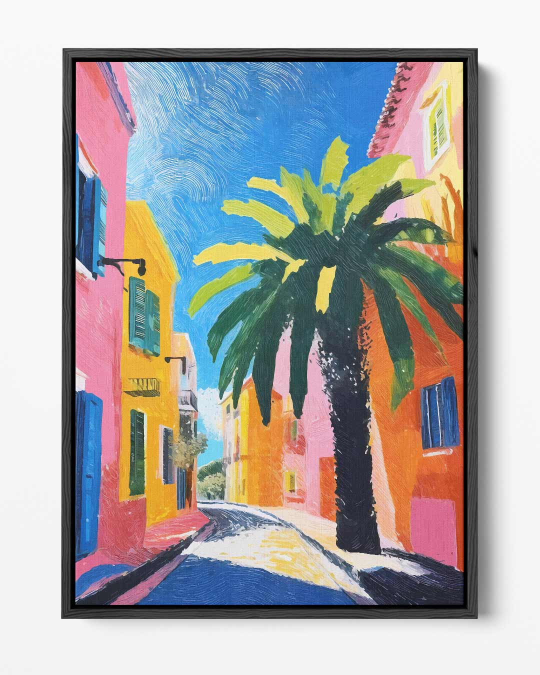 Zomerse Straat met Palmboom Kunstwerk-canvas-dibond-plexiglas-wanddecoratie-WallArtistic
