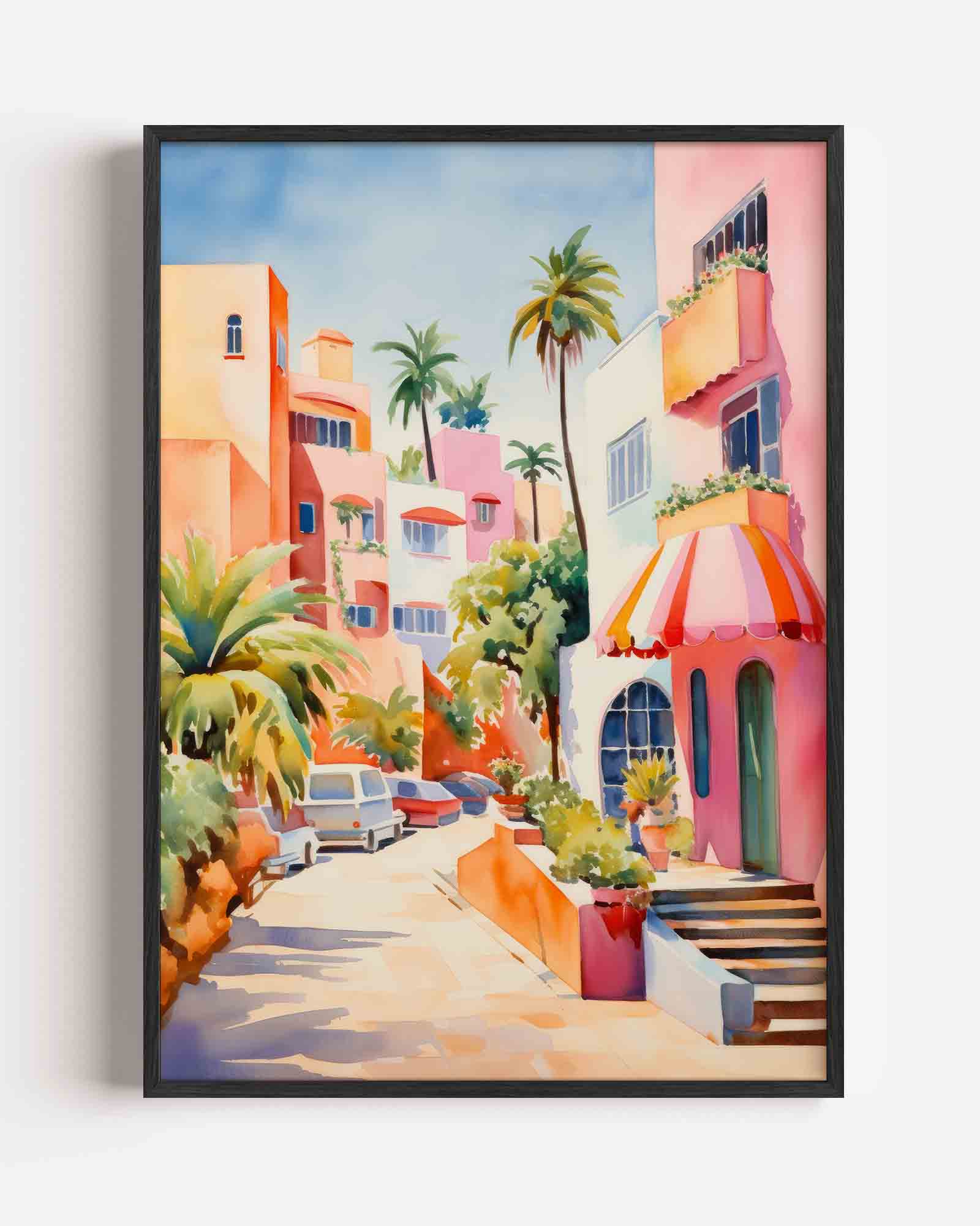 Zonnige straat met palmbomen Poster
