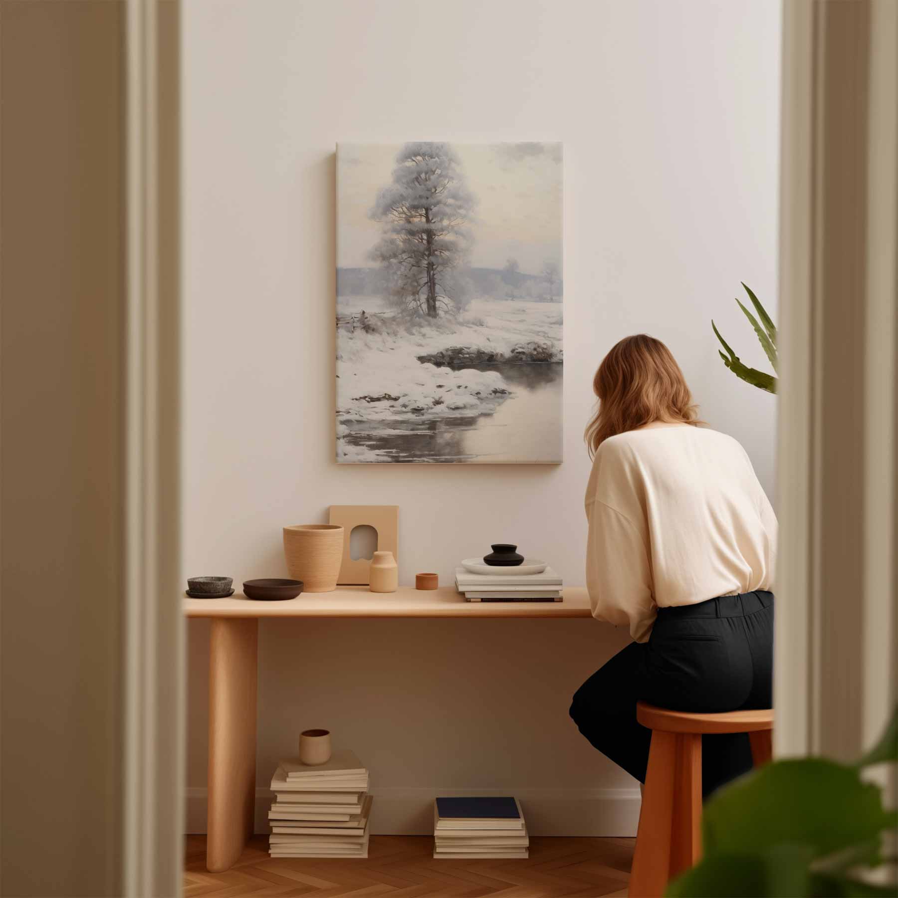 Winterlandschap met Sneeuw en Vijver Kunstwerk-canvas-dibond-plexiglas-wanddecoratie-WallArtistic