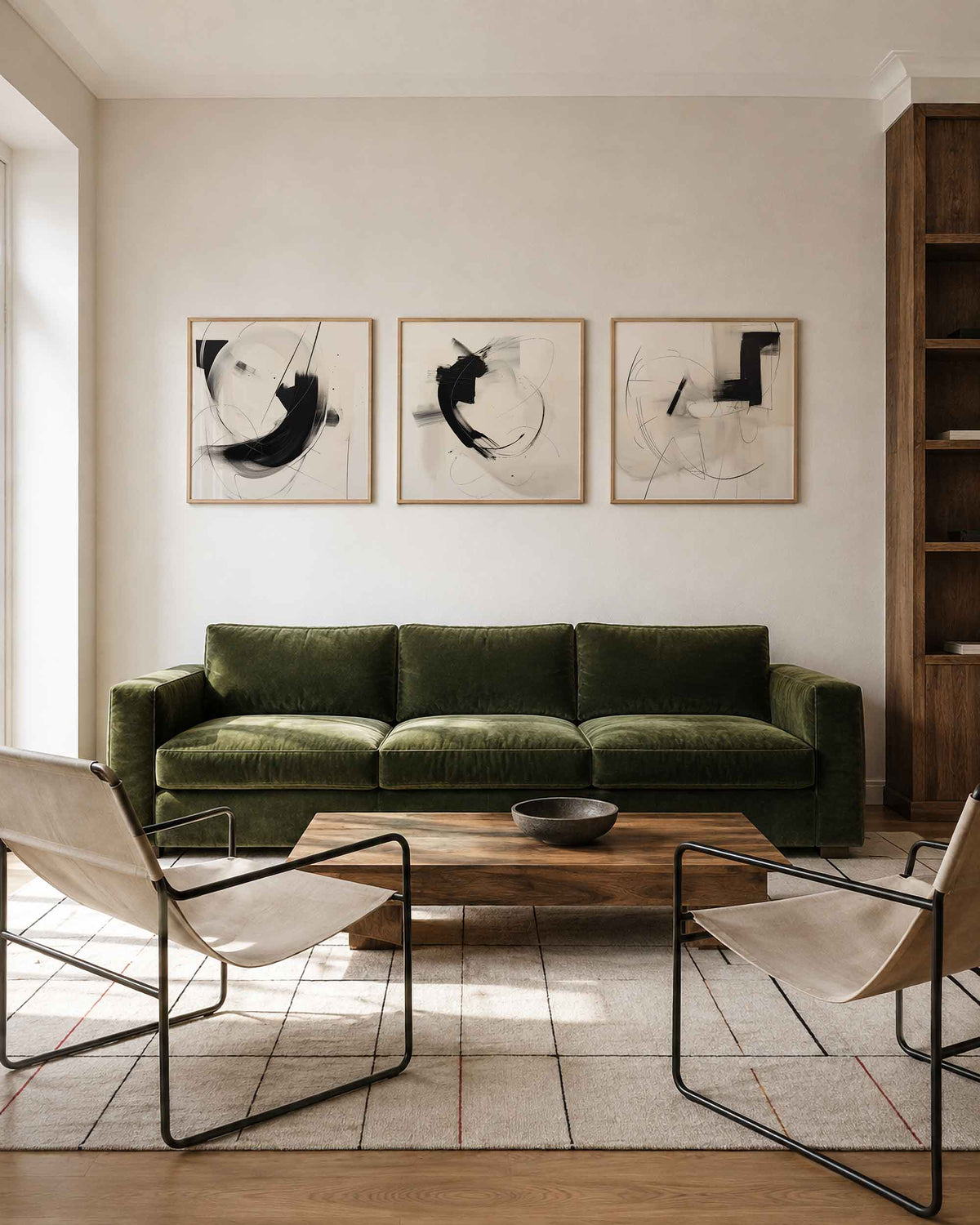 Interieurpresentatie van een driedelige vierkante posterset met zwart grijze abstracte