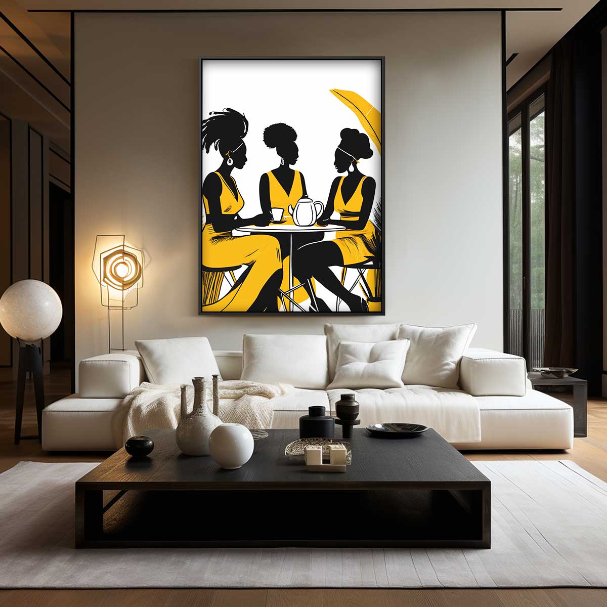 Koffietijd Vrouwen Silhouet Kunstwerk-canvas-dibond-plexiglas-wanddecoratie-WallArtistic