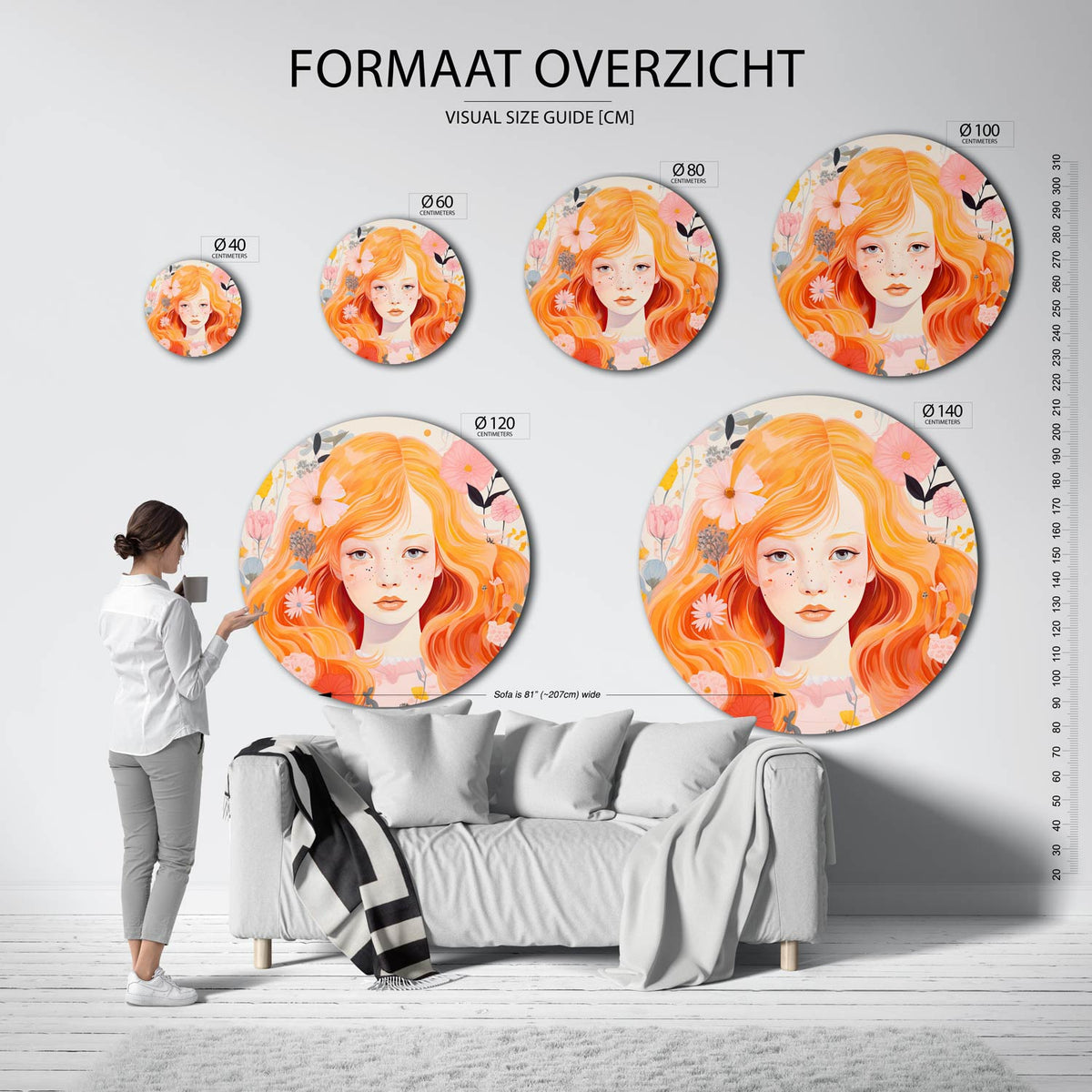 Meisje met bloemen Muurcirkel – extra productweergave – Een meisje met oranje haar omringd door diverse bloemen in