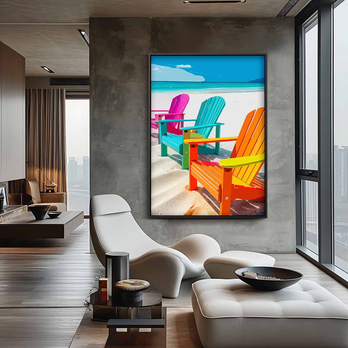 Kleurrijke Strandstoelen aan Zee Kunstwerk-canvas-dibond-plexiglas-wanddecoratie-WallArtistic