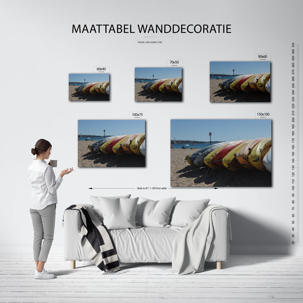 Kleurrijke kajaks op strand Kunstwerk